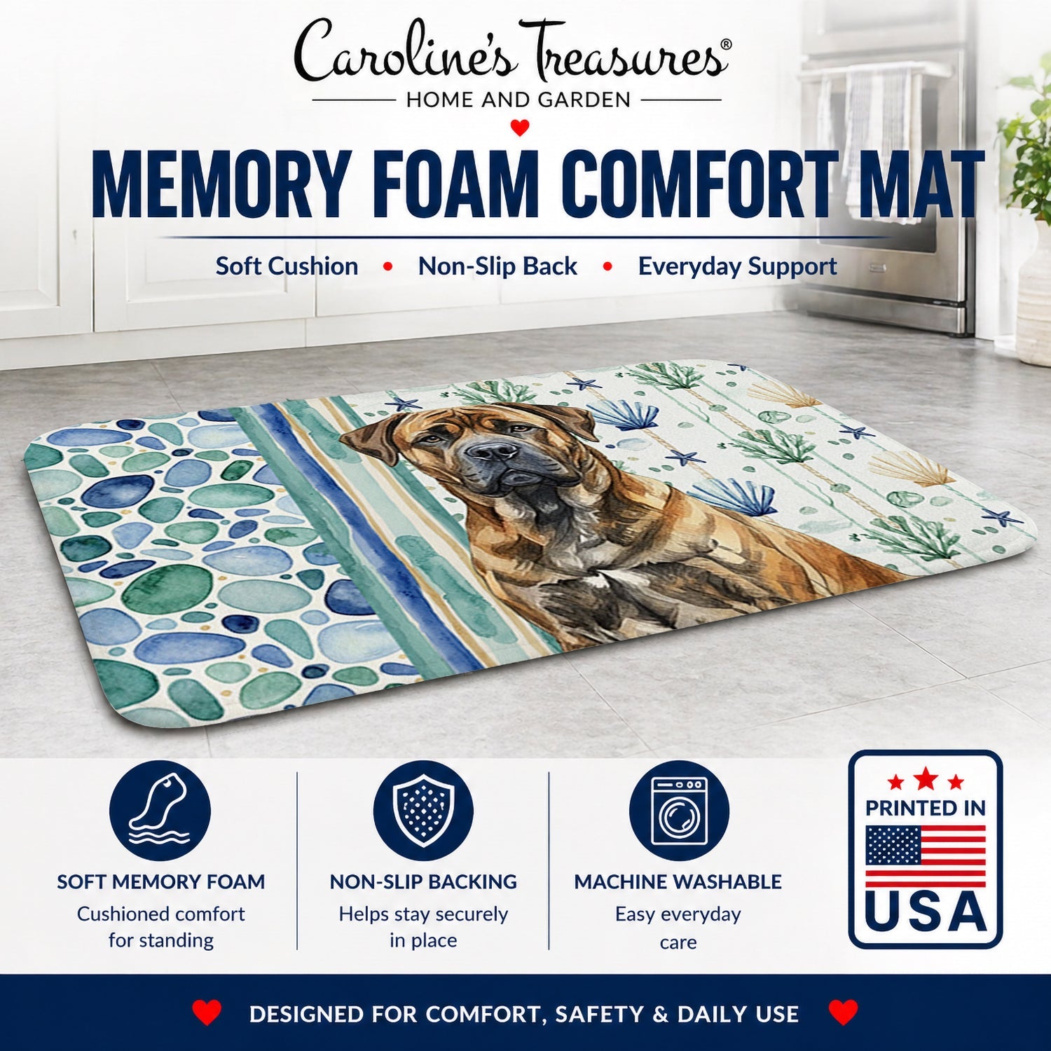 Brindle Boerboel Coastal Sea Glass Memory Foam Kitchen Mat Machine Washable Anti-Fatigue Cushion Comfort Bath or Kitchen Rug