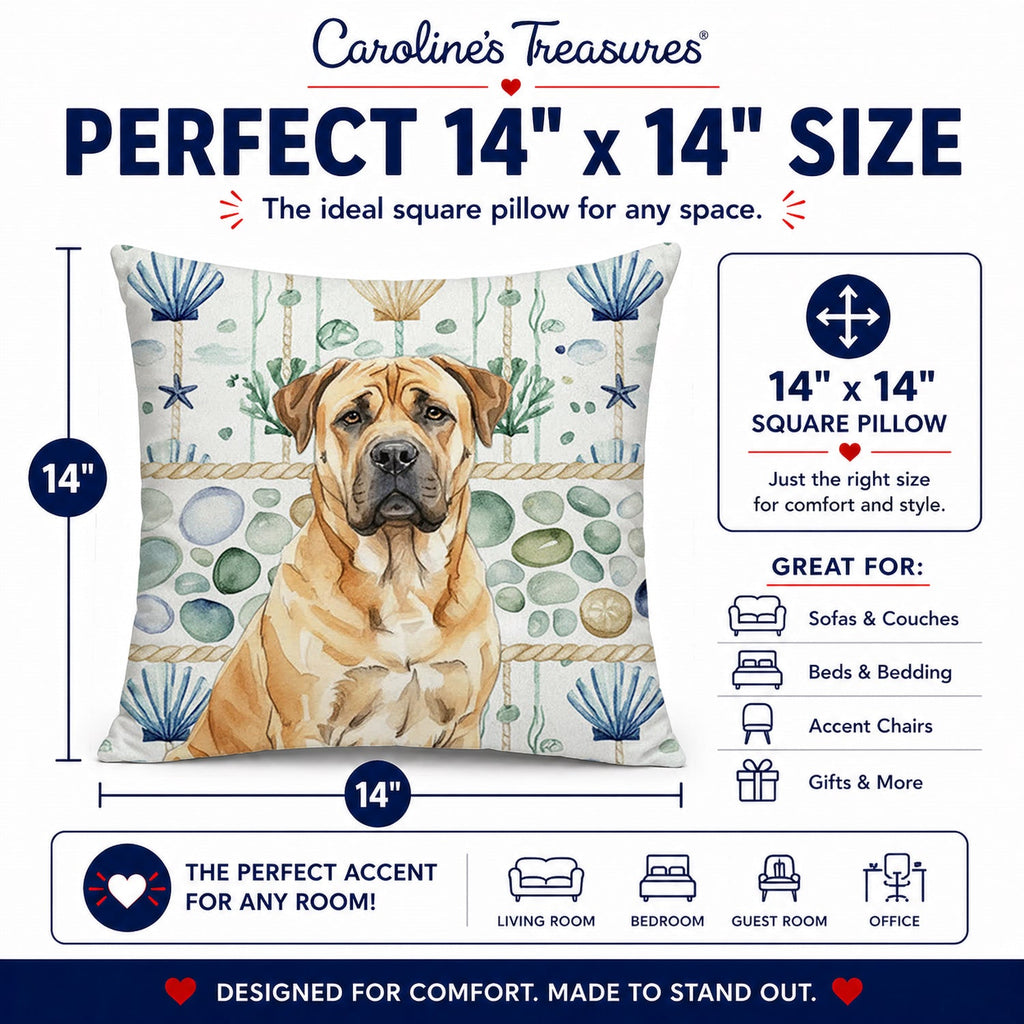 Fawn Boerboel Coastal Sea Glass Decorative Throw Pillow 14x14 Indoor Outdoor Accent Cushion, Fabric Cover with Insert for Sofa, Bed, Porch & Living Room