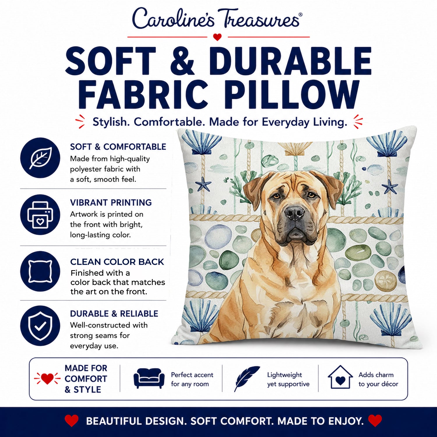 Fawn Boerboel Coastal Sea Glass Decorative Throw Pillow 18x18 Indoor Outdoor Accent Cushion, Fabric Cover with Insert for Sofa, Bed, Porch & Living Room