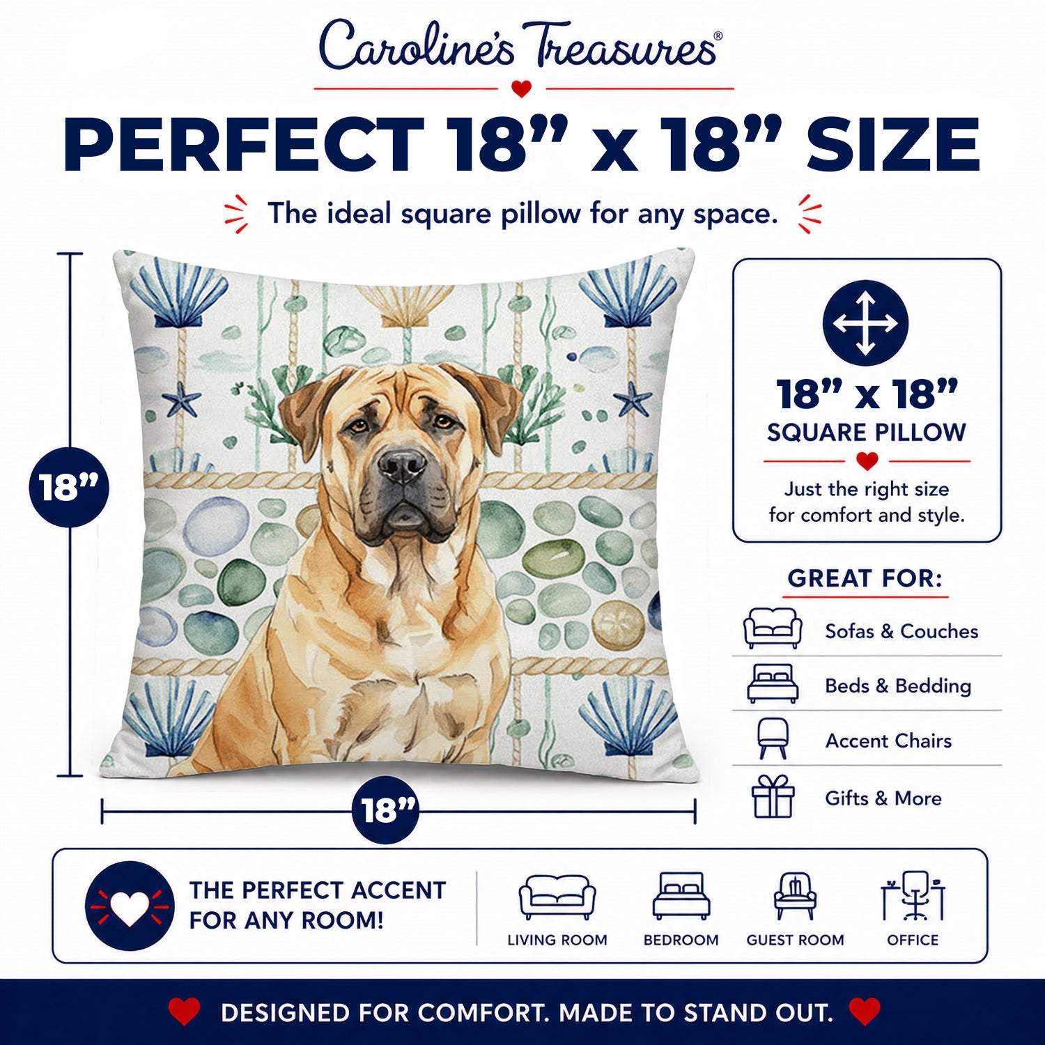 Fawn Boerboel Coastal Sea Glass Decorative Throw Pillow 18x18 Indoor Outdoor Accent Cushion, Fabric Cover with Insert for Sofa, Bed, Porch & Living Room