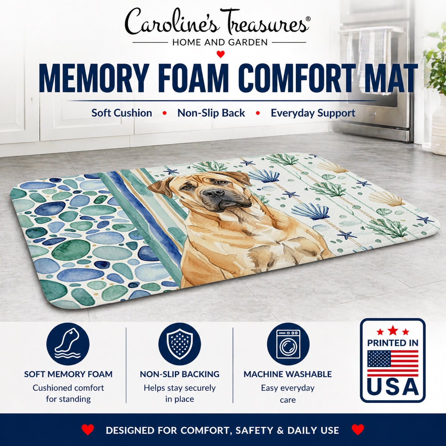 Fawn Boerboel Coastal Sea Glass Memory Foam Kitchen Mat Machine Washable Anti-Fatigue Cushion Comfort Bath or Kitchen Rug
