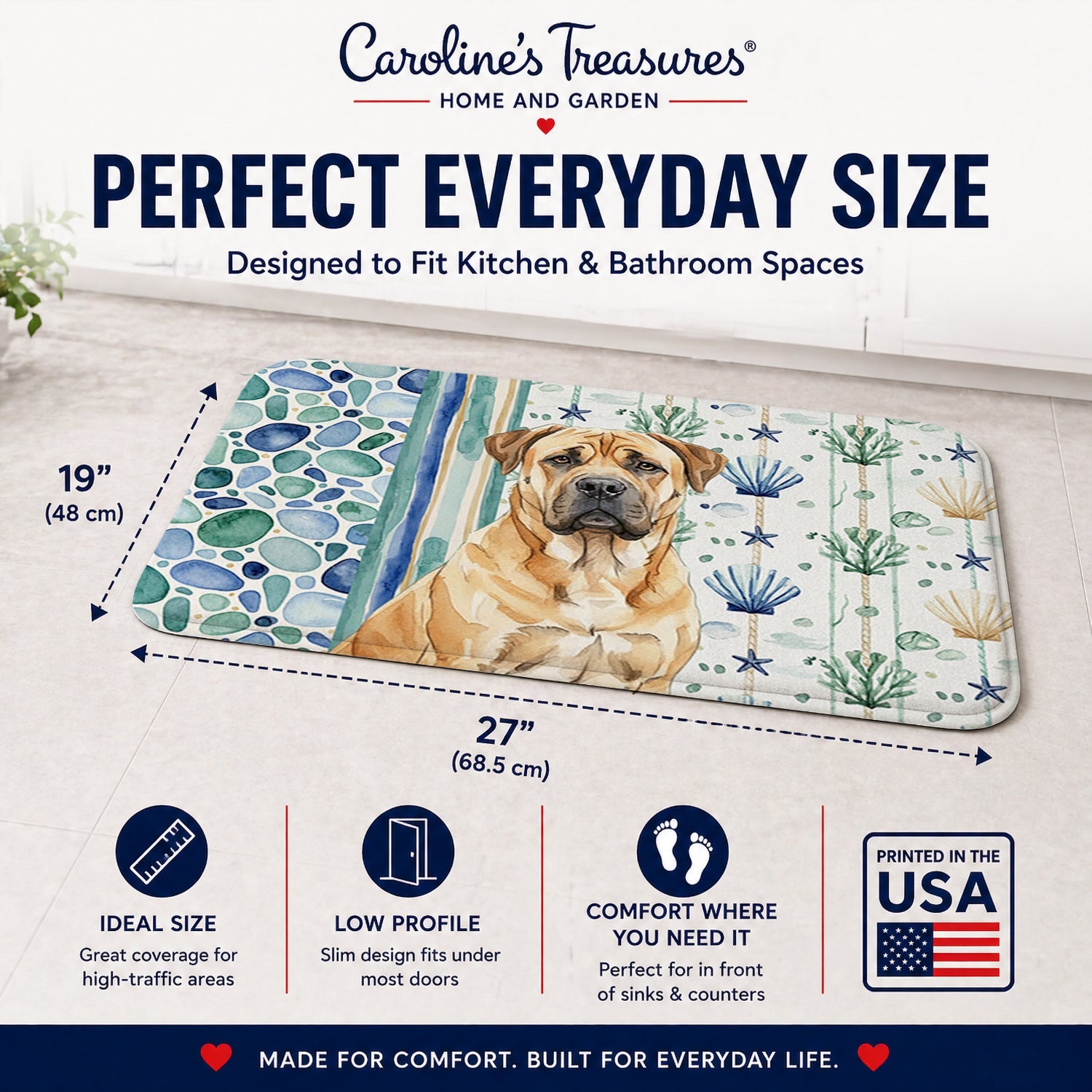 Fawn Boerboel Coastal Sea Glass Memory Foam Kitchen Mat Machine Washable Anti-Fatigue Cushion Comfort Bath or Kitchen Rug