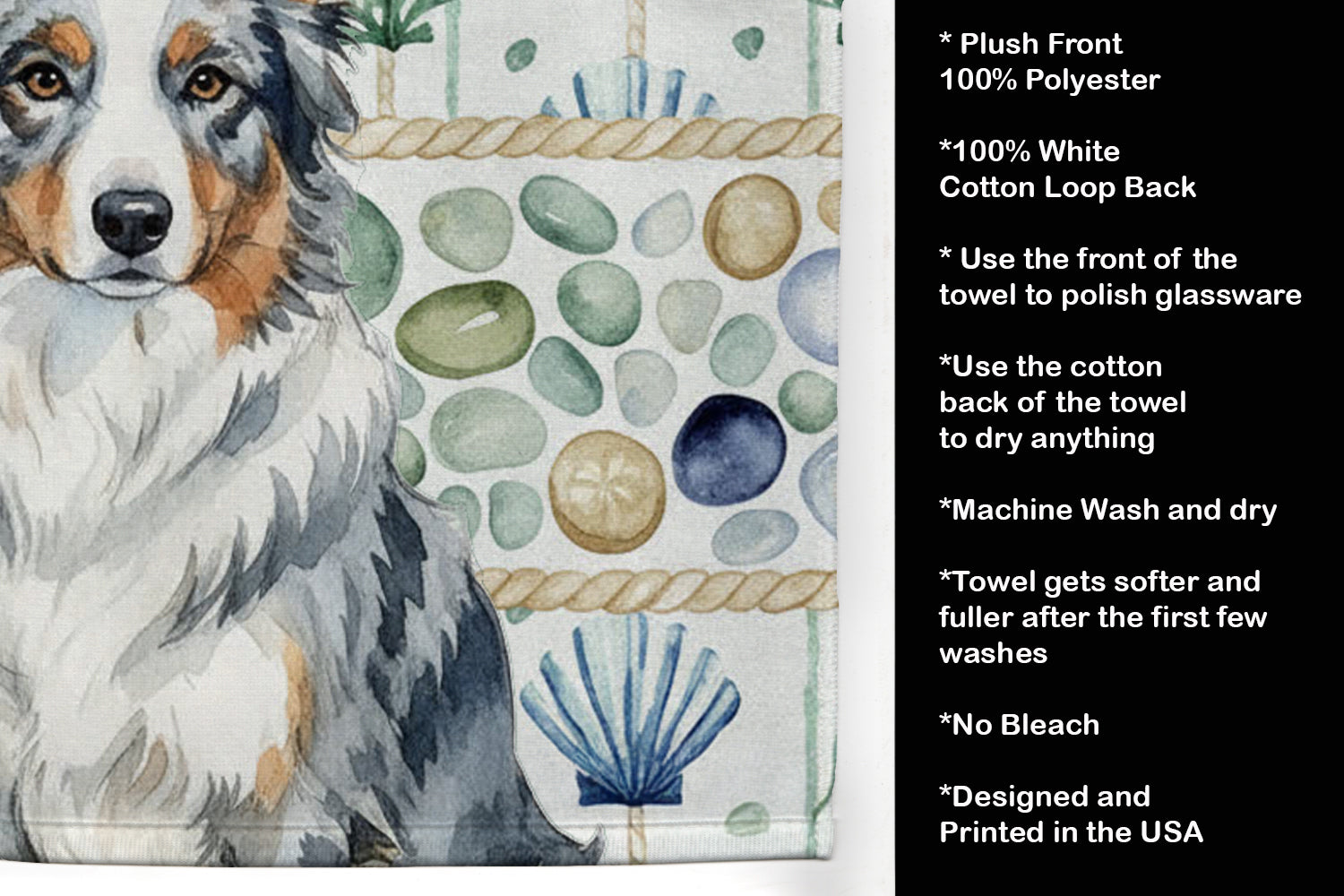Blue Merle Border Collie Coastal Sea Glass Kitchen Towel Velour Plush Front and Cotton Loop Back Machine Washable