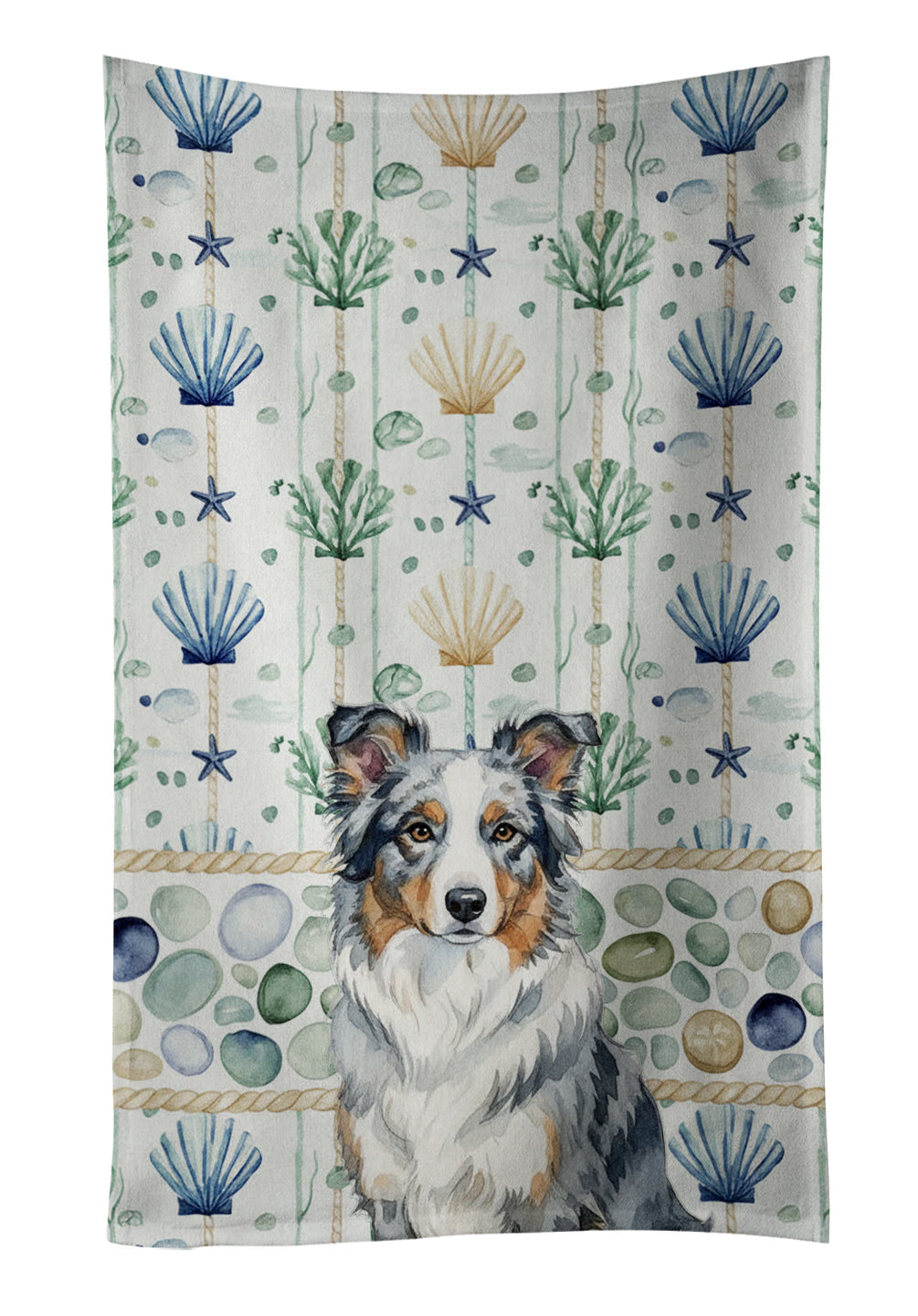 Blue Merle Border Collie Coastal Sea Glass Kitchen Towel Velour Plush Front and Cotton Loop Back Machine Washable