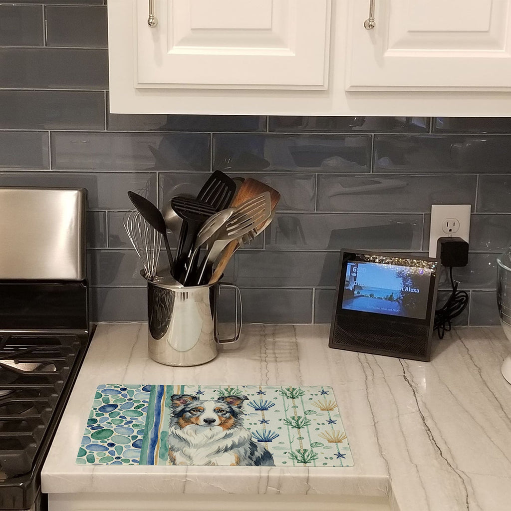 Blue Merle Border Collie Coastal Sea Glass Cutting Board Tempered Glass Kitchen Cutting Surface, Heat Resistant Chopping, Non-Slip Feet, Food Prep & Serving