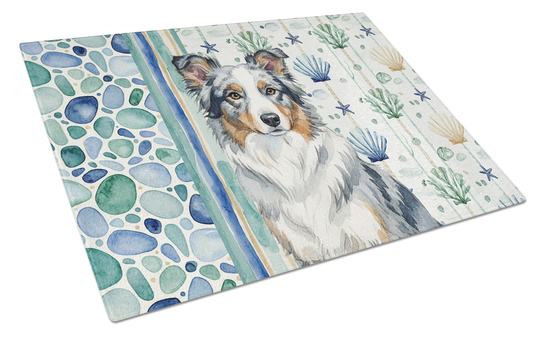 Blue Merle Border Collie Coastal Sea Glass Cutting Board Tempered Glass Kitchen Cutting Surface, Heat Resistant Chopping, Non-Slip Feet, Food Prep & Serving