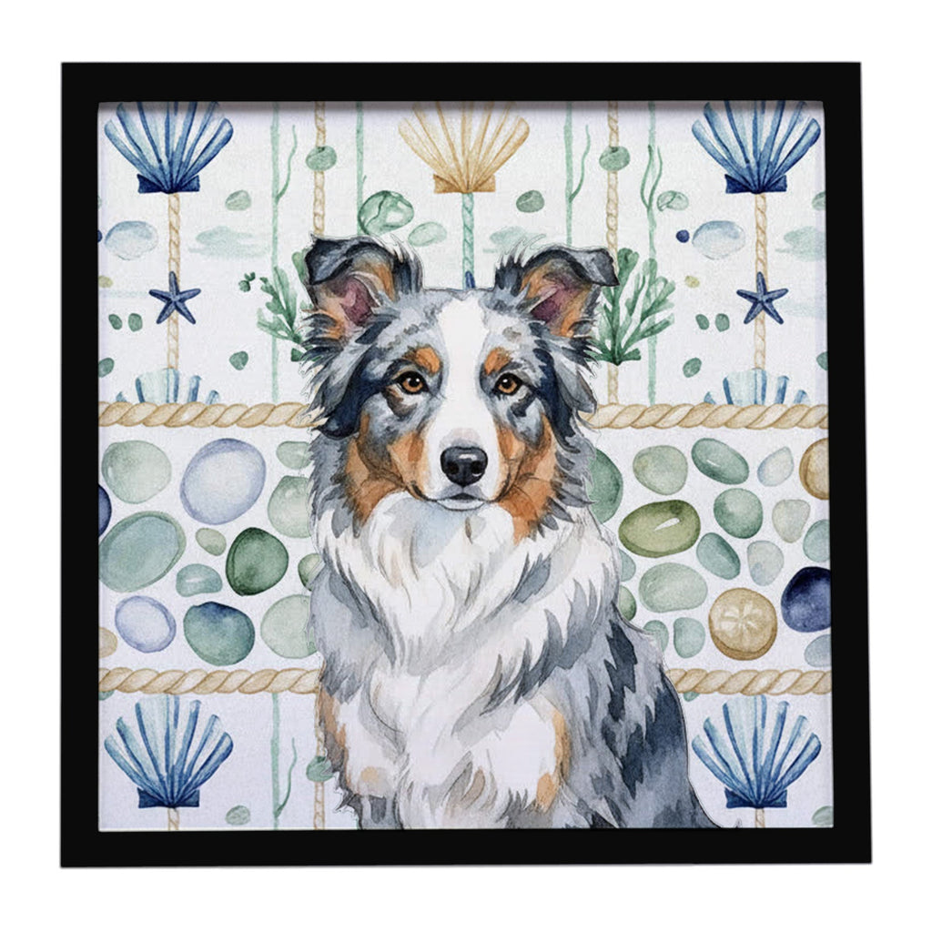 Blue Merle Border Collie Coastal Sea Glass Framed Metal Print Bathroom, Kitchen, Office, Home Decor Wall Art Ready to Hang, Square, 8X8