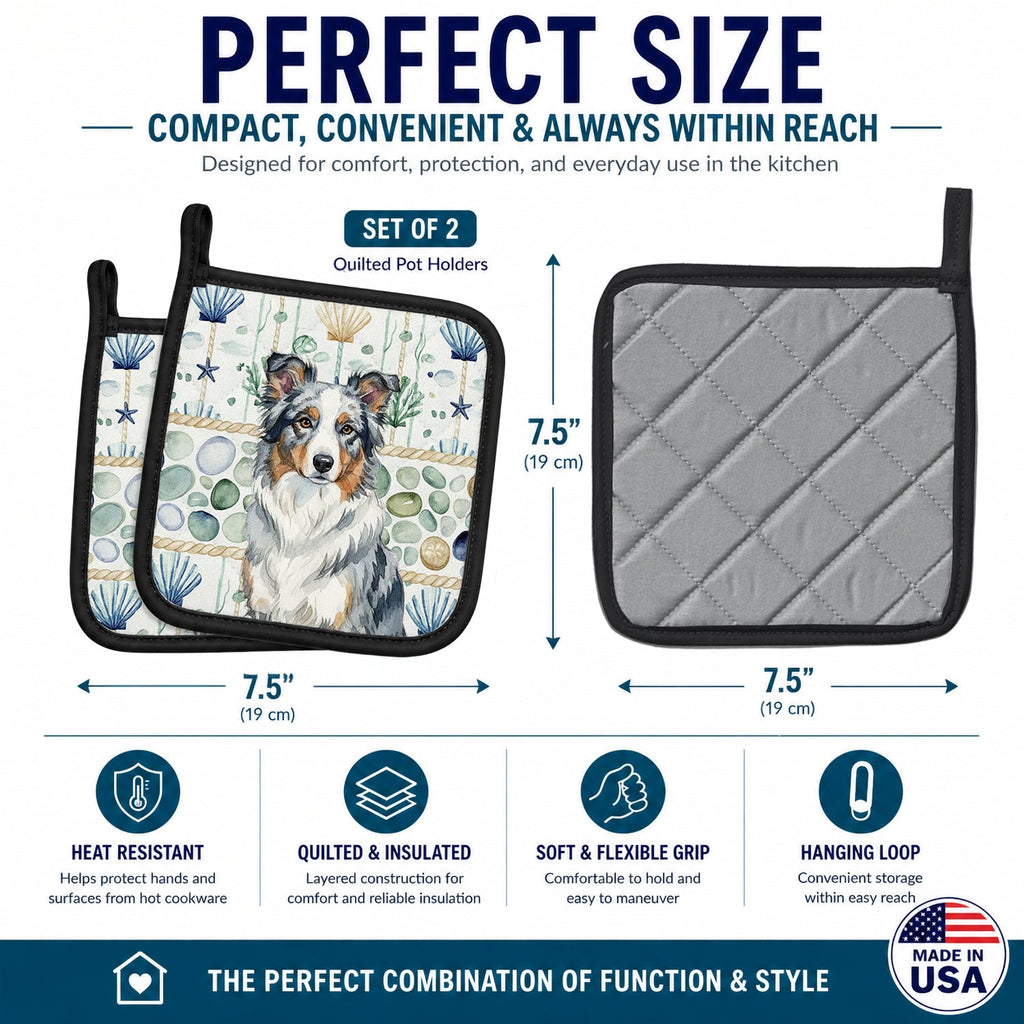 Blue Merle Border Collie Coastal Sea Glass Pot Holder Set of 2 Heat Resistant Quilted Hot Pads 7.5 x 7.5 Inch, Insulated Kitchen Trivets for Cooking & Baking