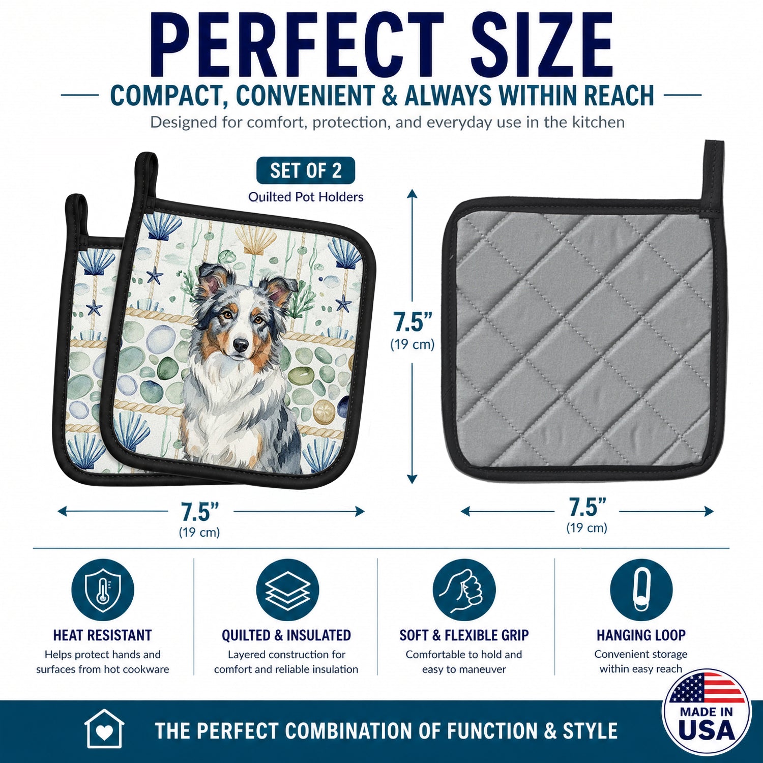 Blue Merle Border Collie Coastal Sea Glass Pot Holder Set of 2 Heat Resistant Quilted Hot Pads 7.5 x 7.5 Inch, Insulated Kitchen Trivets for Cooking & Baking