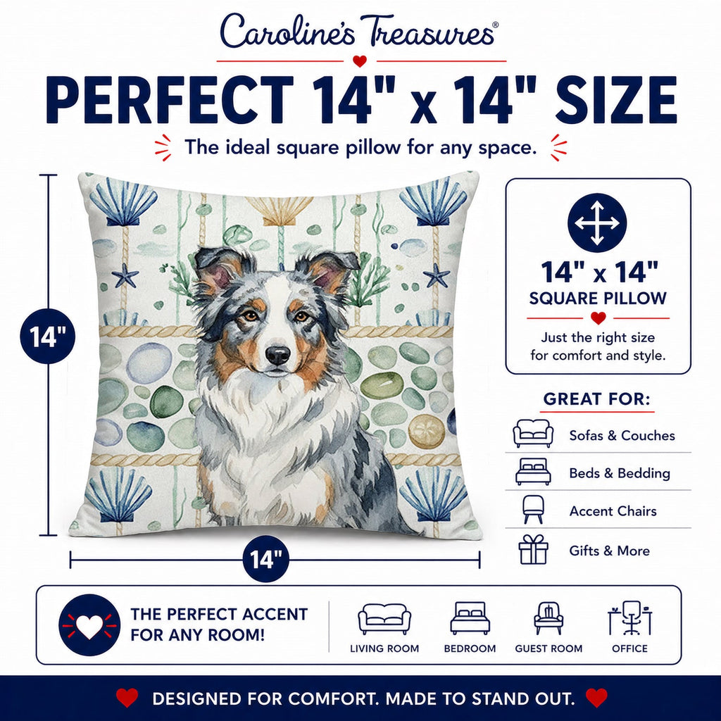 Blue Merle Border Collie Coastal Sea Glass Decorative Throw Pillow 14x14 Indoor Outdoor Accent Cushion, Fabric Cover with Insert for Sofa, Bed, Porch & Living Room