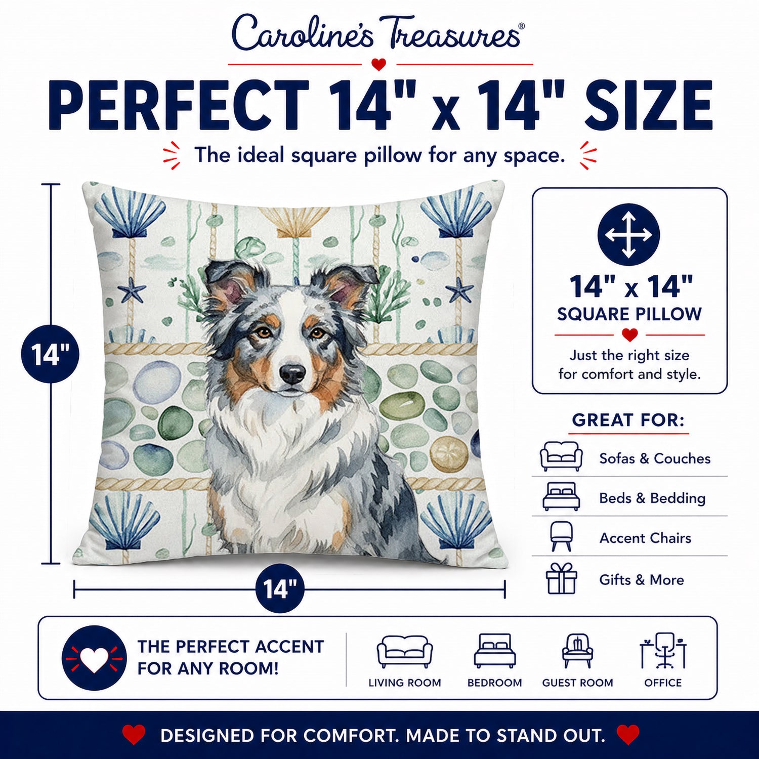 Blue Merle Border Collie Coastal Sea Glass Decorative Throw Pillow 14x14 Indoor Outdoor Accent Cushion, Fabric Cover with Insert for Sofa, Bed, Porch & Living Room