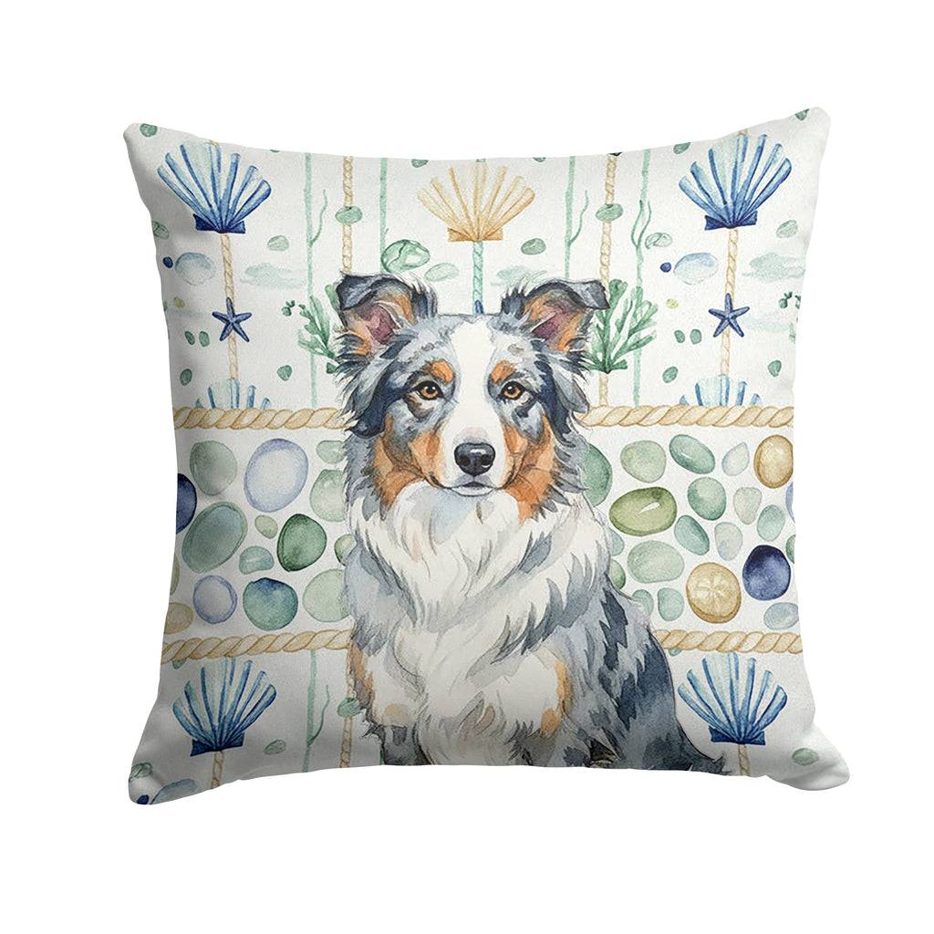 Blue Merle Border Collie Coastal Sea Glass Decorative Throw Pillow 14x14 Indoor Outdoor Accent Cushion, Fabric Cover with Insert for Sofa, Bed, Porch & Living Room