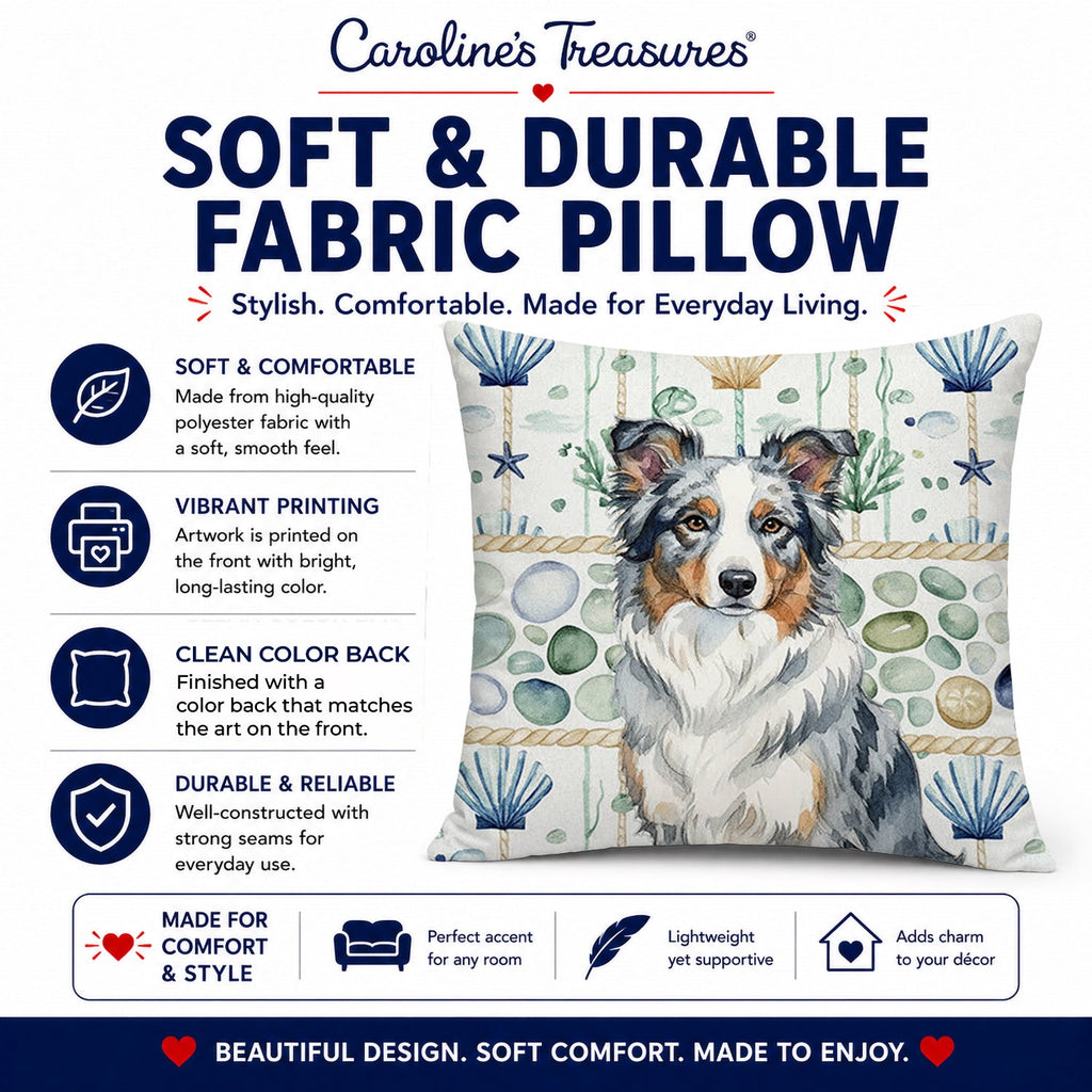 Blue Merle Border Collie Coastal Sea Glass Decorative Throw Pillow 18x18 Indoor Outdoor Accent Cushion, Fabric Cover with Insert for Sofa, Bed, Porch & Living Room