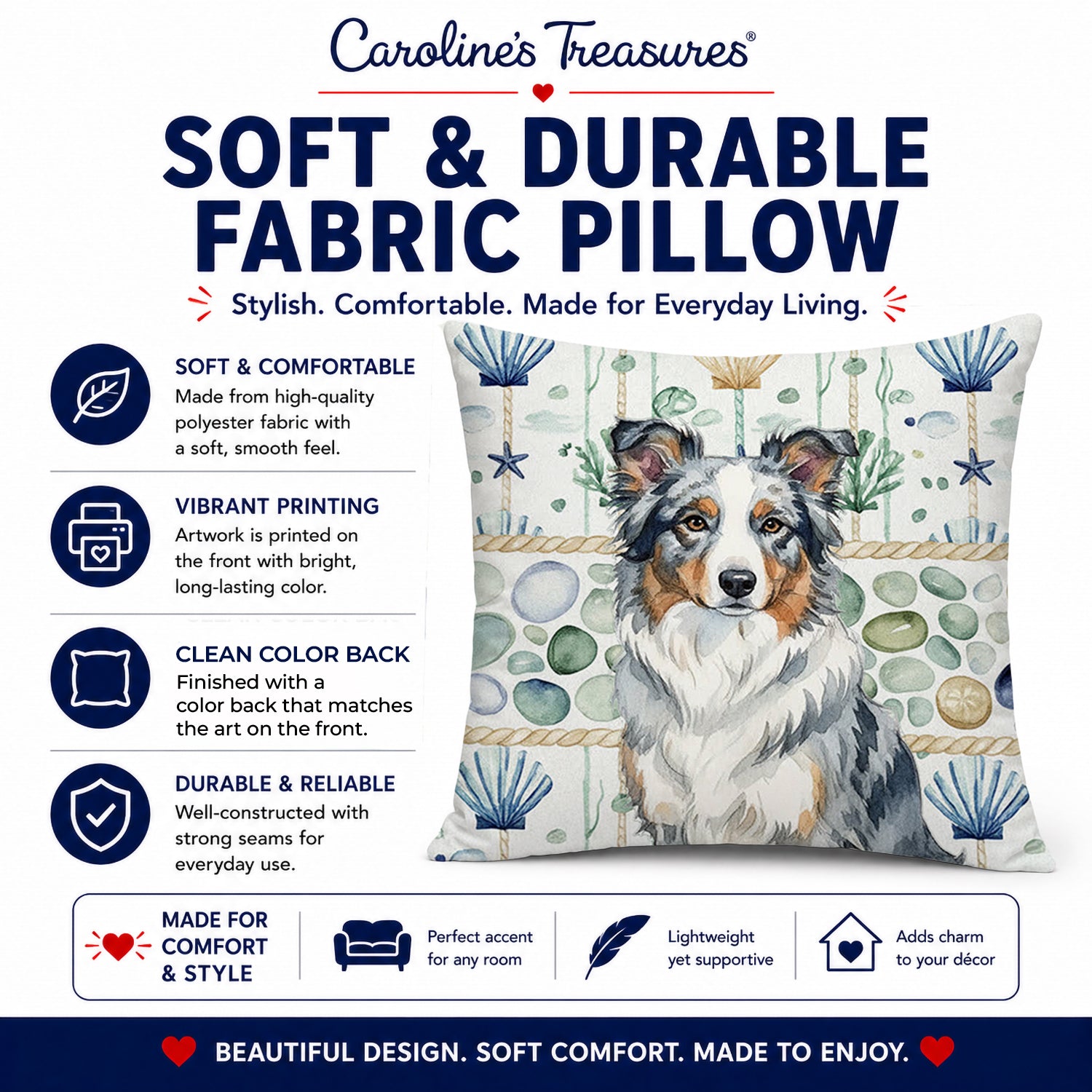 Blue Merle Border Collie Coastal Sea Glass Decorative Throw Pillow 18x18 Indoor Outdoor Accent Cushion, Fabric Cover with Insert for Sofa, Bed, Porch & Living Room