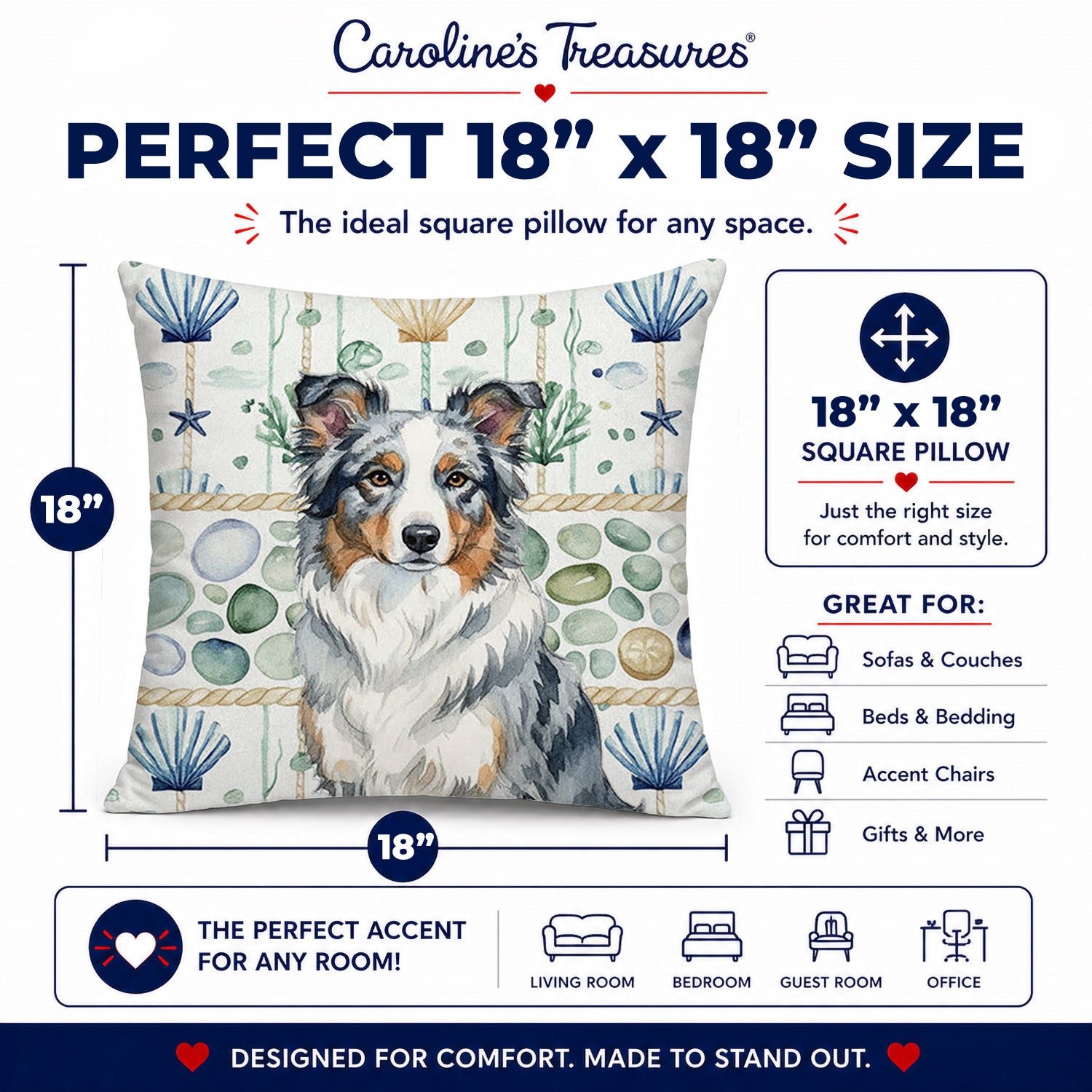 Blue Merle Border Collie Coastal Sea Glass Decorative Throw Pillow 18x18 Indoor Outdoor Accent Cushion, Fabric Cover with Insert for Sofa, Bed, Porch & Living Room
