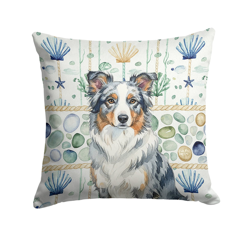 Blue Merle Border Collie Coastal Sea Glass Decorative Throw Pillow 18x18 Indoor Outdoor Accent Cushion, Fabric Cover with Insert for Sofa, Bed, Porch & Living Room