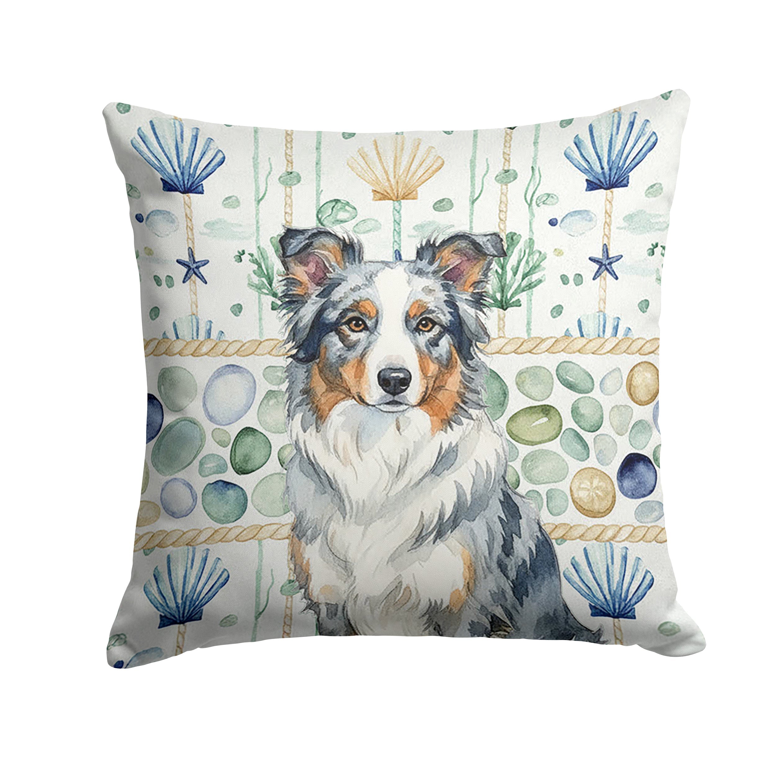 Blue Merle Border Collie Coastal Sea Glass Decorative Throw Pillow 18x18 Indoor Outdoor Accent Cushion, Fabric Cover with Insert for Sofa, Bed, Porch & Living Room