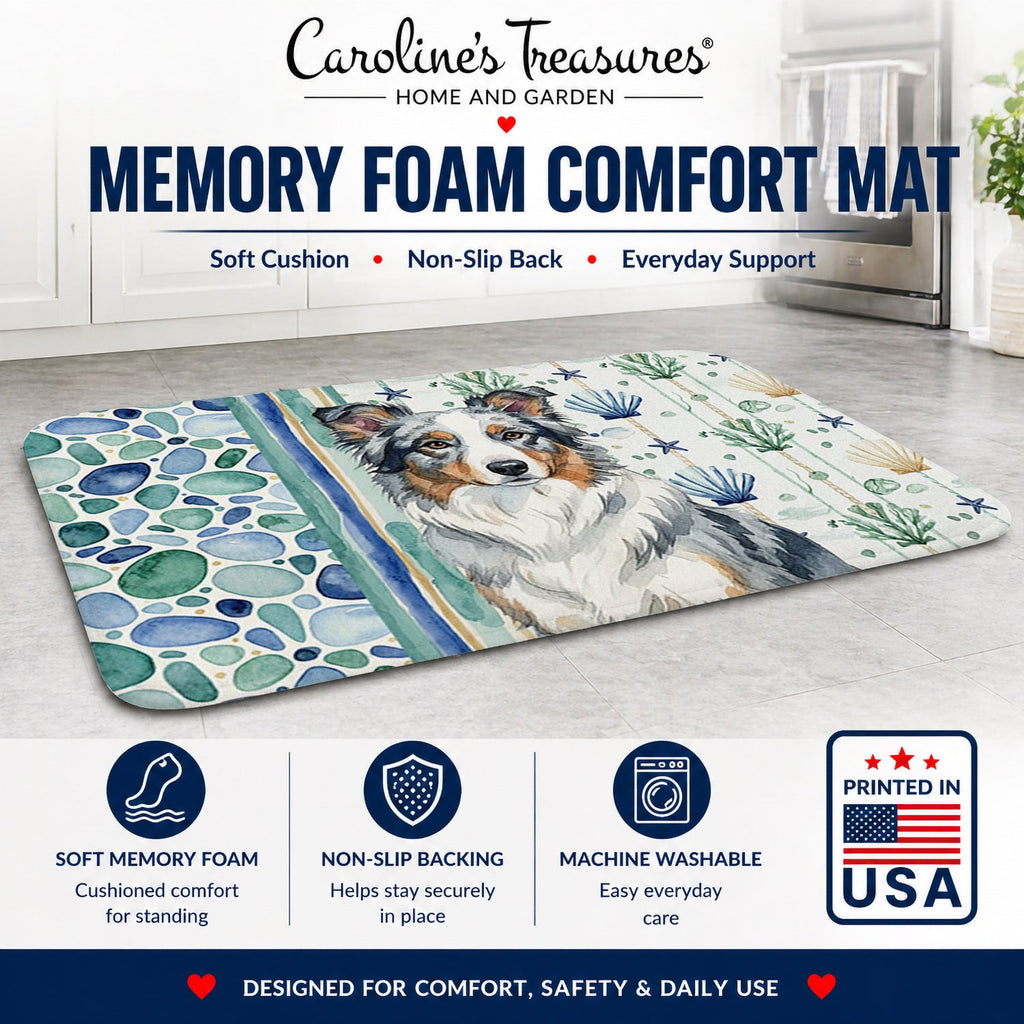 Blue Merle Border Collie Coastal Sea Glass Memory Foam Kitchen Mat Machine Washable Anti-Fatigue Cushion Comfort Bath or Kitchen Rug