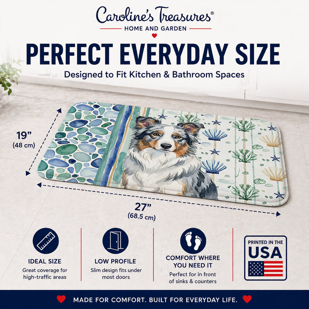 Blue Merle Border Collie Coastal Sea Glass Memory Foam Kitchen Mat Machine Washable Anti-Fatigue Cushion Comfort Bath or Kitchen Rug