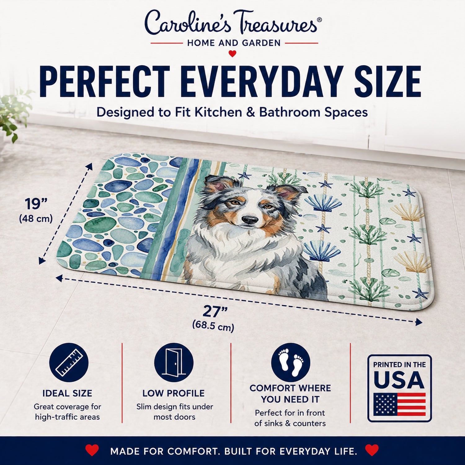 Blue Merle Border Collie Coastal Sea Glass Memory Foam Kitchen Mat Machine Washable Anti-Fatigue Cushion Comfort Bath or Kitchen Rug