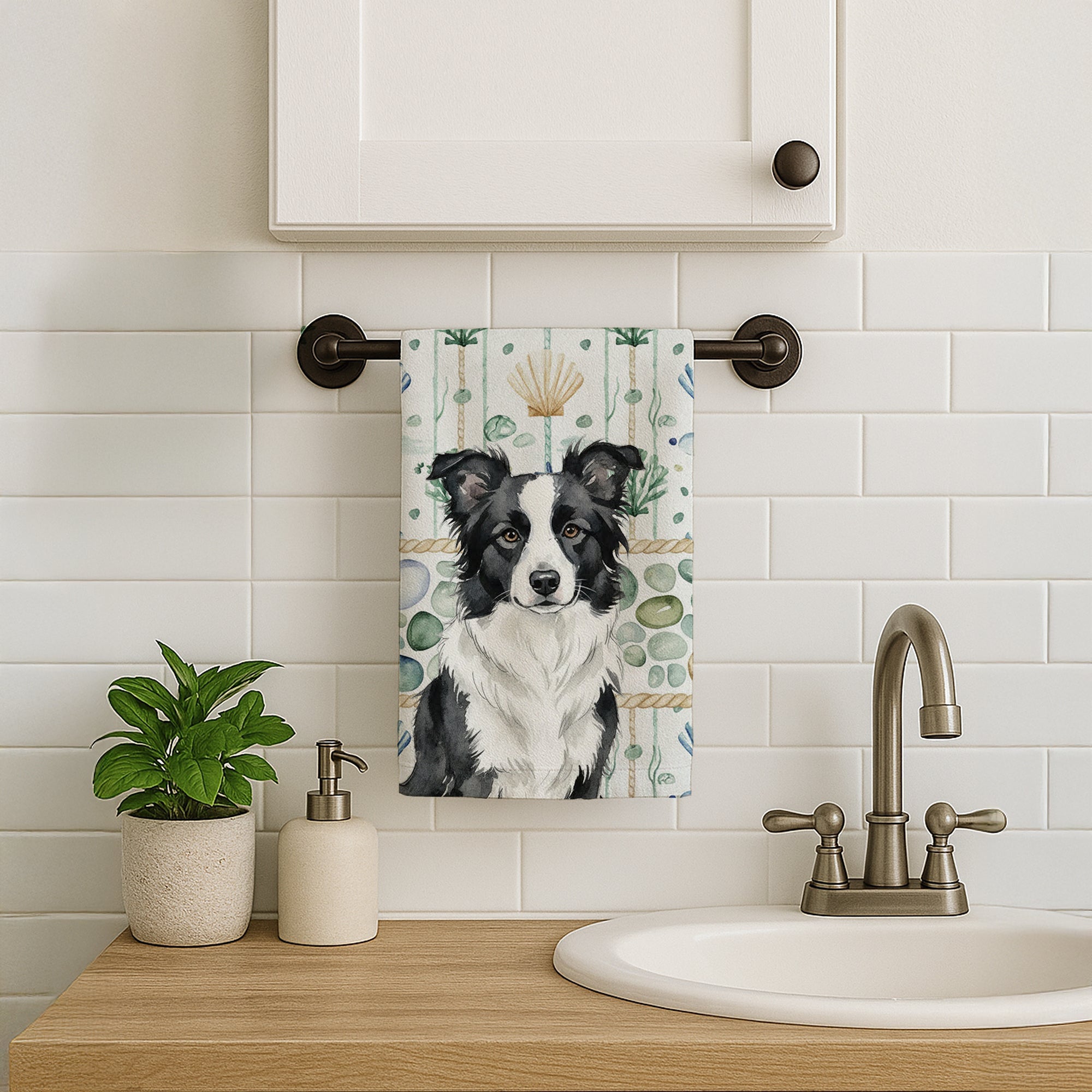 Border Collie Coastal Sea Glass Kitchen Towel Velour Plush Front and Cotton Loop Back Machine Washable