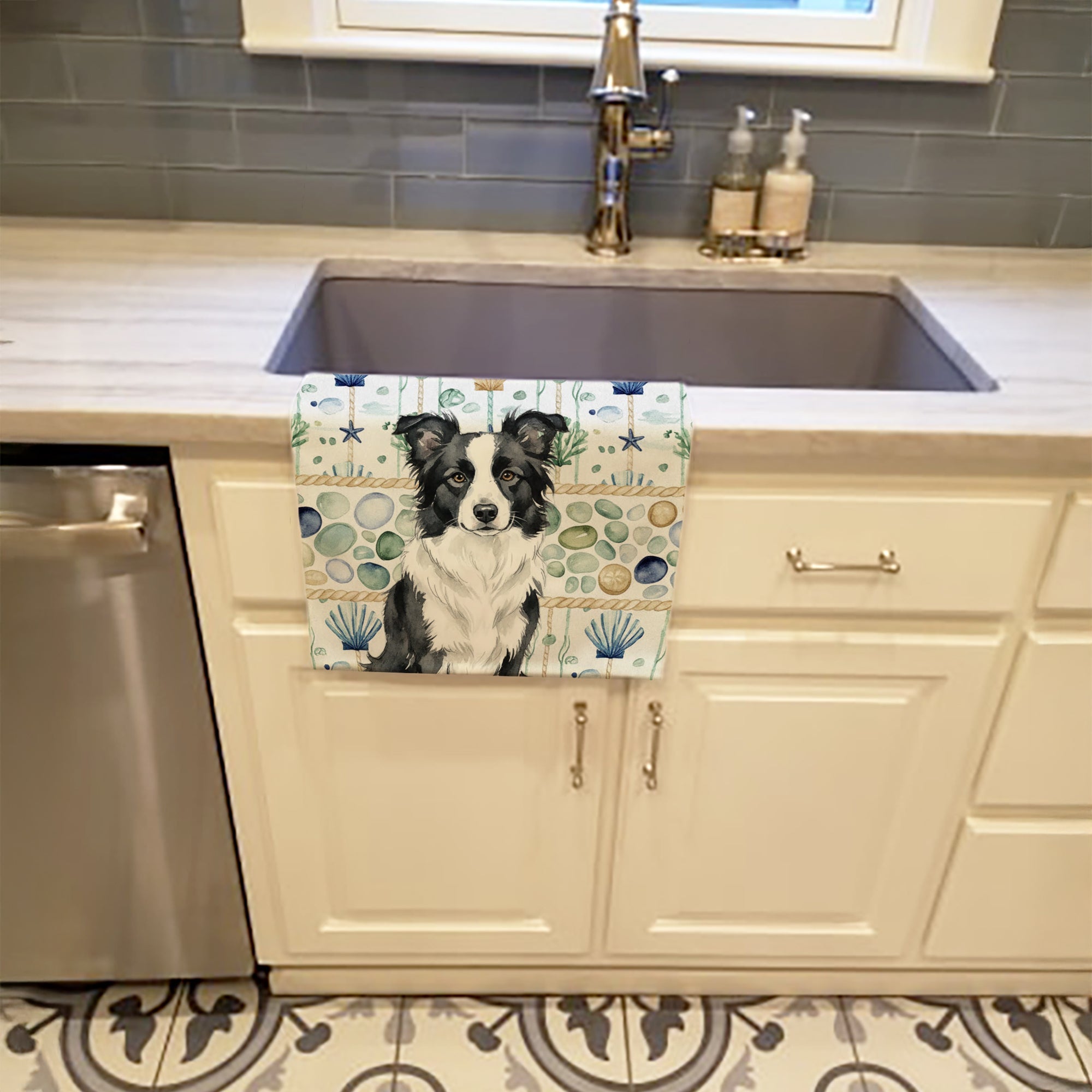 Border Collie Coastal Sea Glass Kitchen Towel Velour Plush Front and Cotton Loop Back Machine Washable