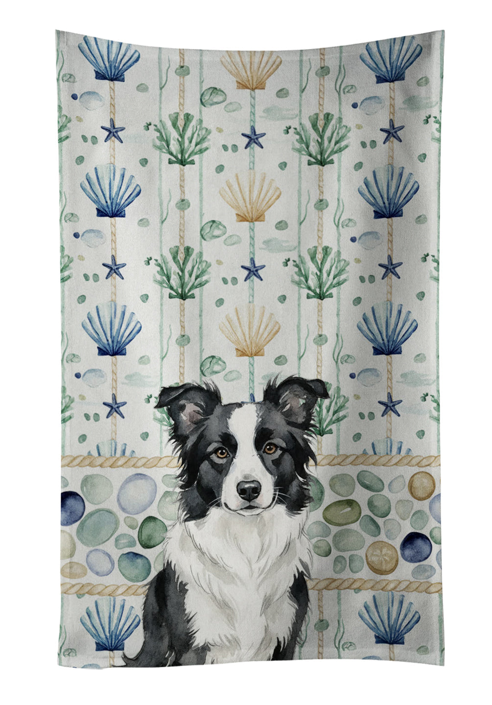 Border Collie Coastal Sea Glass Kitchen Towel Velour Plush Front and Cotton Loop Back Machine Washable