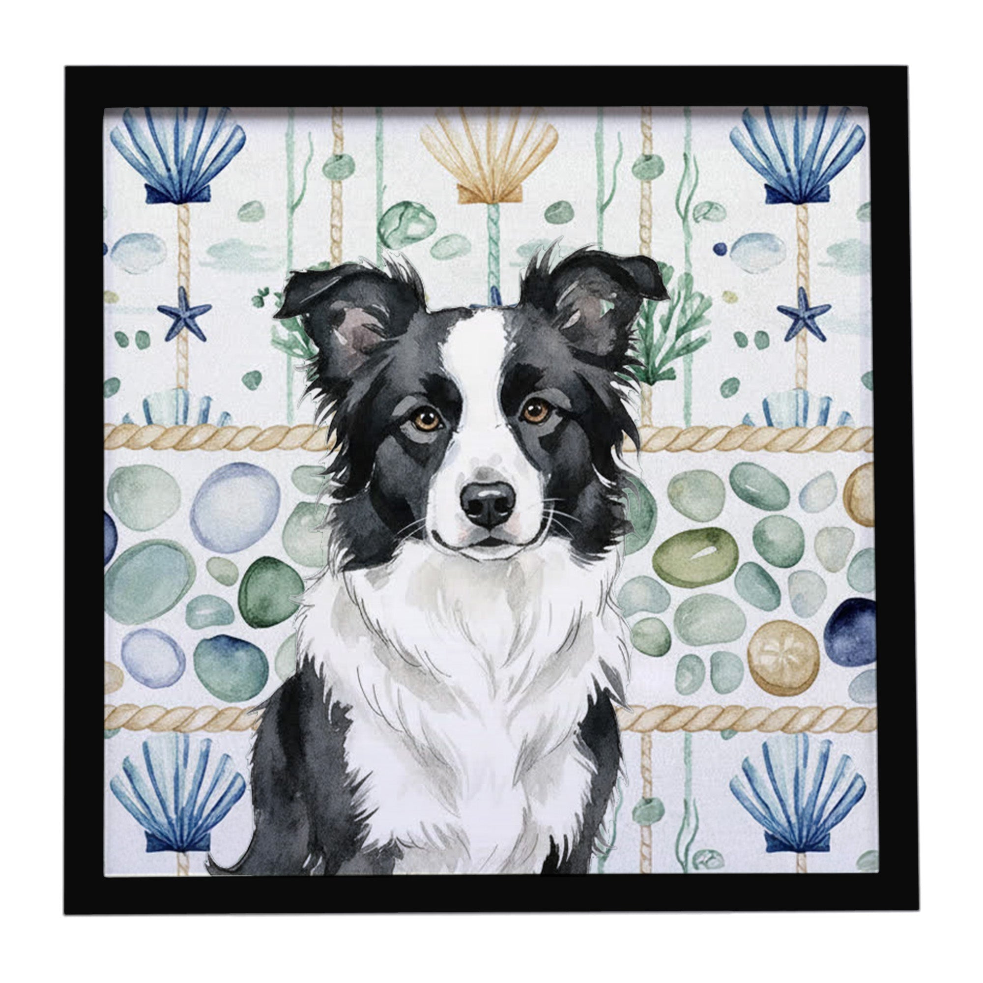 Border Collie Coastal Sea Glass Framed Metal Print Bathroom, Kitchen, Office, Home Decor Wall Art Ready to Hang, Square, 8X8