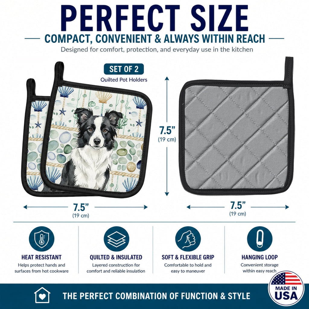 Border Collie Coastal Sea Glass Pot Holder Set of 2 Heat Resistant Quilted Hot Pads 7.5 x 7.5 Inch, Insulated Kitchen Trivets for Cooking & Baking