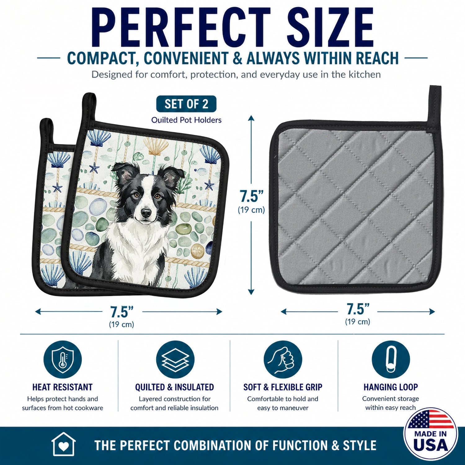Border Collie Coastal Sea Glass Pot Holder Set of 2 Heat Resistant Quilted Hot Pads 7.5 x 7.5 Inch, Insulated Kitchen Trivets for Cooking & Baking