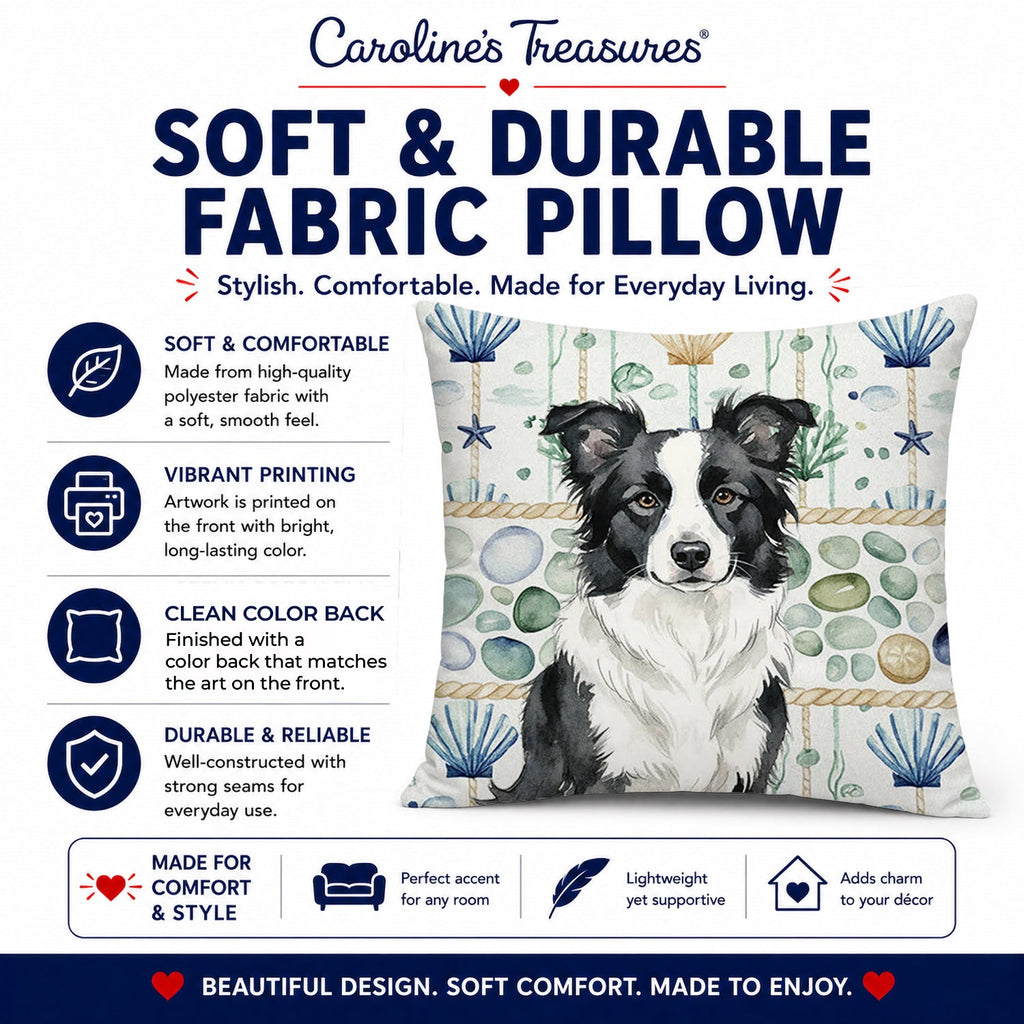 Border Collie Coastal Sea Glass Decorative Throw Pillow 14x14 Indoor Outdoor Accent Cushion, Fabric Cover with Insert for Sofa, Bed, Porch & Living Room