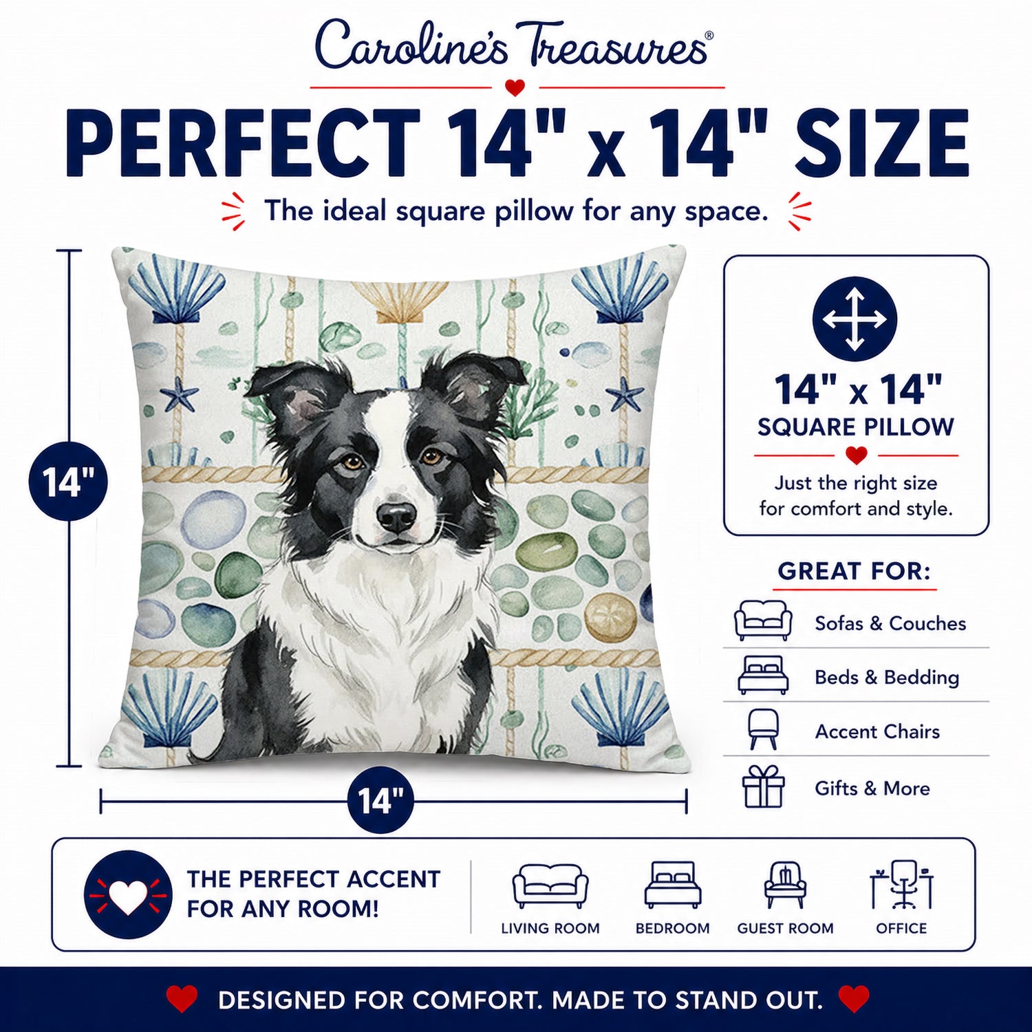 Border Collie Coastal Sea Glass Decorative Throw Pillow 14x14 Indoor Outdoor Accent Cushion, Fabric Cover with Insert for Sofa, Bed, Porch & Living Room