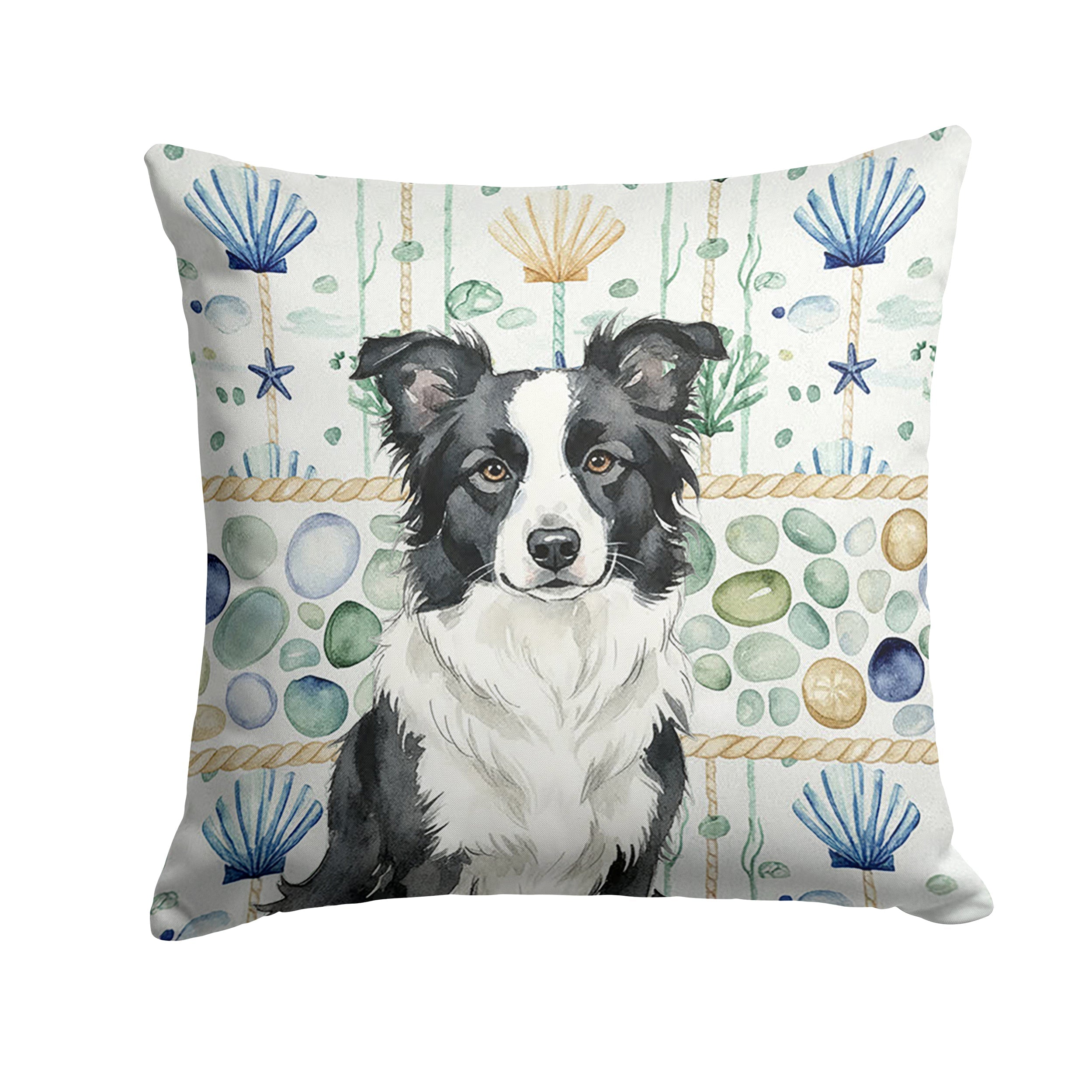 Border Collie Coastal Sea Glass Decorative Throw Pillow 14x14 Indoor Outdoor Accent Cushion, Fabric Cover with Insert for Sofa, Bed, Porch & Living Room