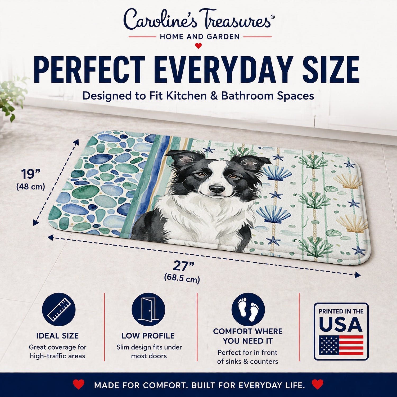 Border Collie Coastal Sea Glass Memory Foam Kitchen Mat Machine Washable Anti-Fatigue Cushion Comfort Bath or Kitchen Rug