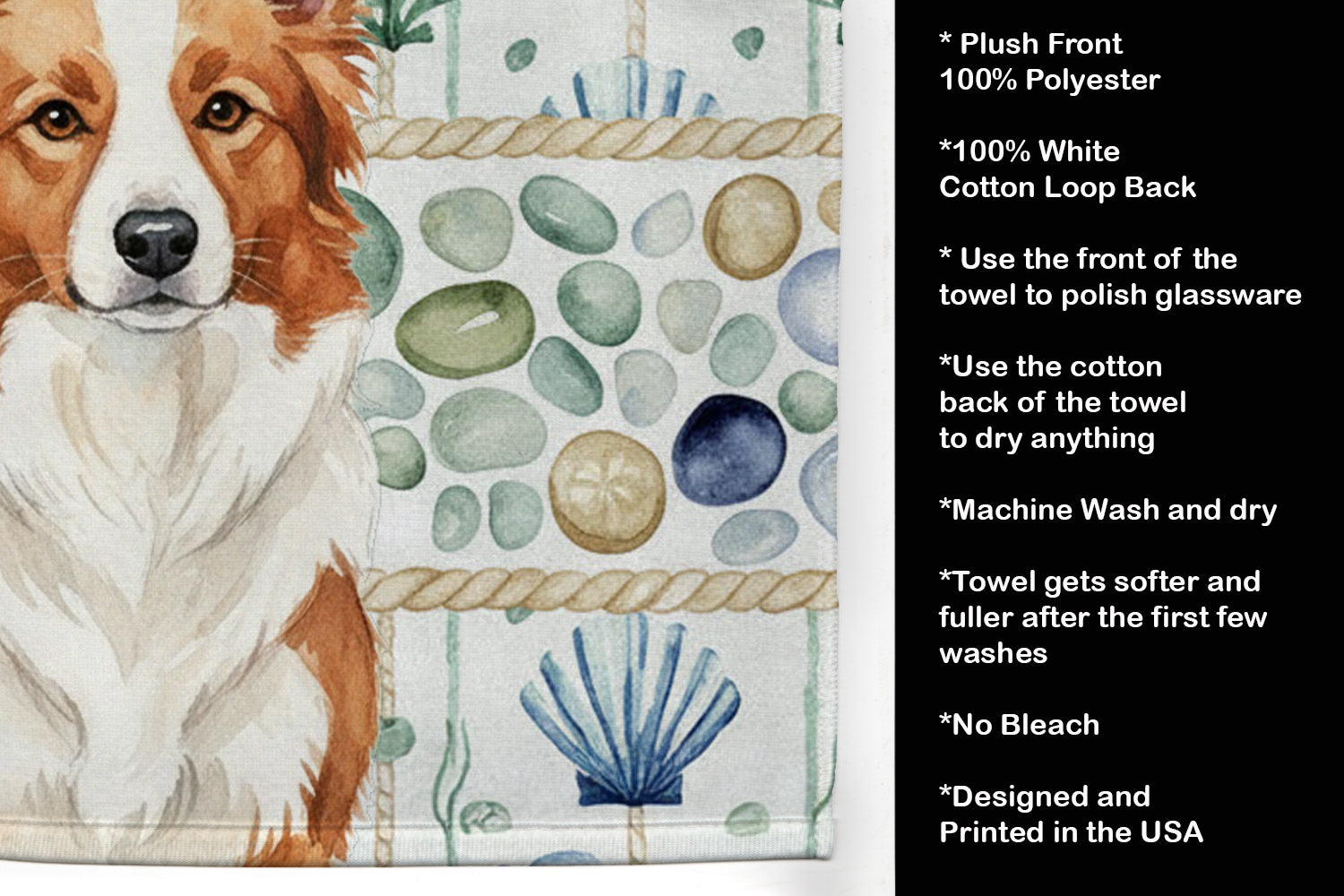 Red and White Border Collie Coastal Sea Glass Kitchen Towel Velour Plush Front and Cotton Loop Back Machine Washable