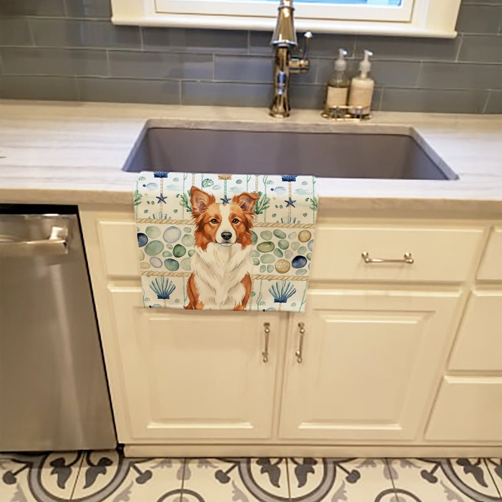 Red and White Border Collie Coastal Sea Glass Kitchen Towel Velour Plush Front and Cotton Loop Back Machine Washable