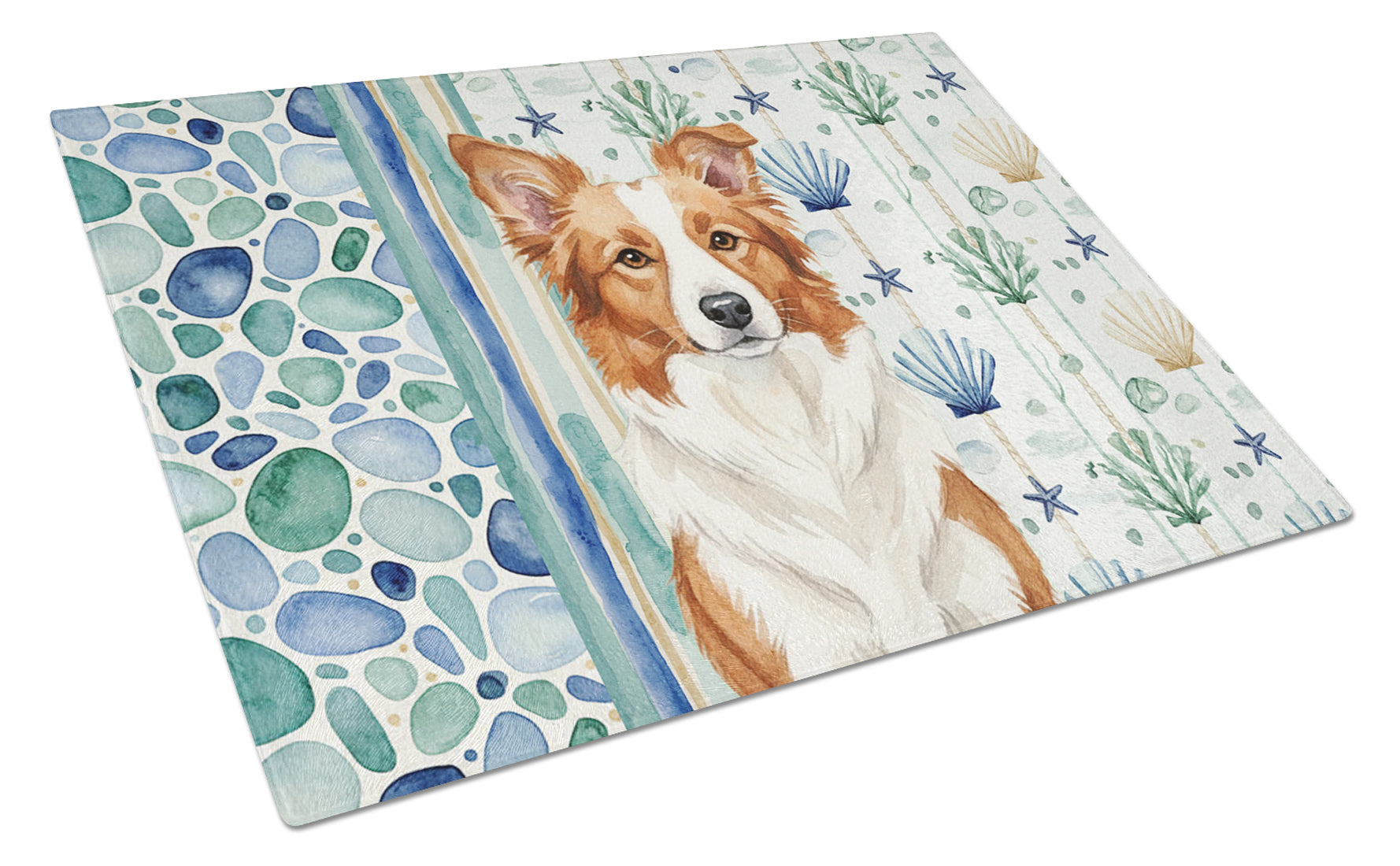 Red and White Border Collie Coastal Sea Glass Cutting Board Tempered Glass Kitchen Cutting Surface, Heat Resistant Chopping, Non-Slip Feet, Food Prep & Serving