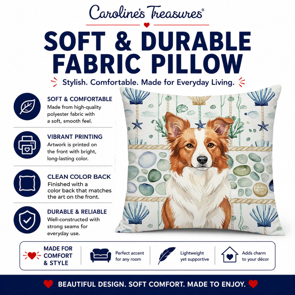 Red and White Border Collie Coastal Sea Glass Decorative Throw Pillow 18x18 Indoor Outdoor Accent Cushion, Fabric Cover with Insert for Sofa, Bed, Porch & Living Room