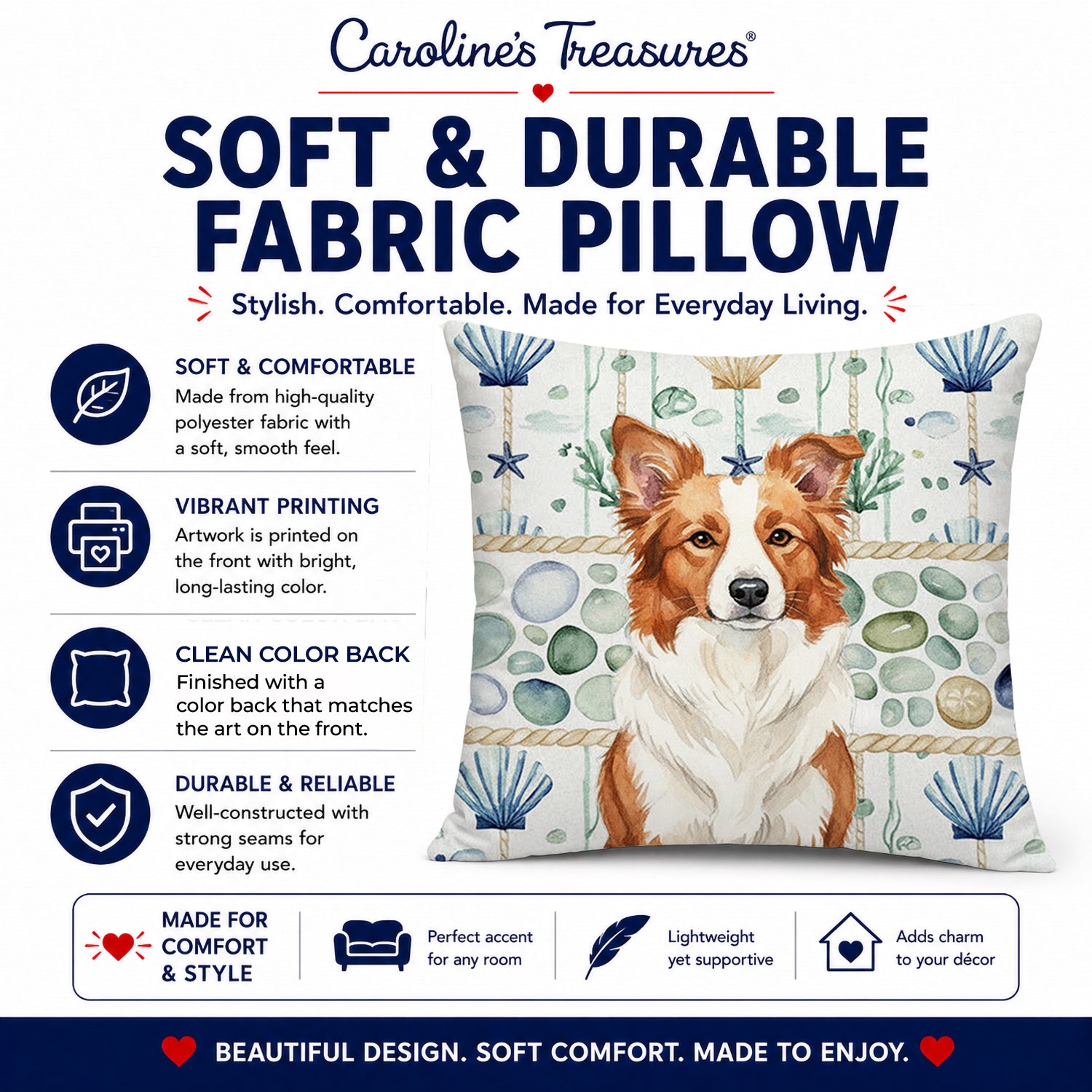 Red and White Border Collie Coastal Sea Glass Decorative Throw Pillow 18x18 Indoor Outdoor Accent Cushion, Fabric Cover with Insert for Sofa, Bed, Porch & Living Room