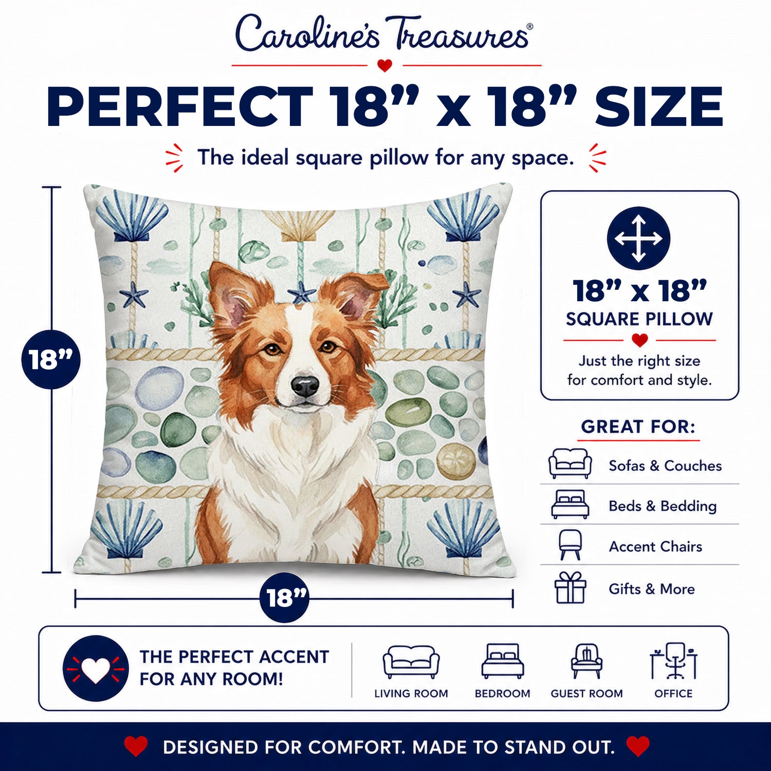 Red and White Border Collie Coastal Sea Glass Decorative Throw Pillow 18x18 Indoor Outdoor Accent Cushion, Fabric Cover with Insert for Sofa, Bed, Porch & Living Room