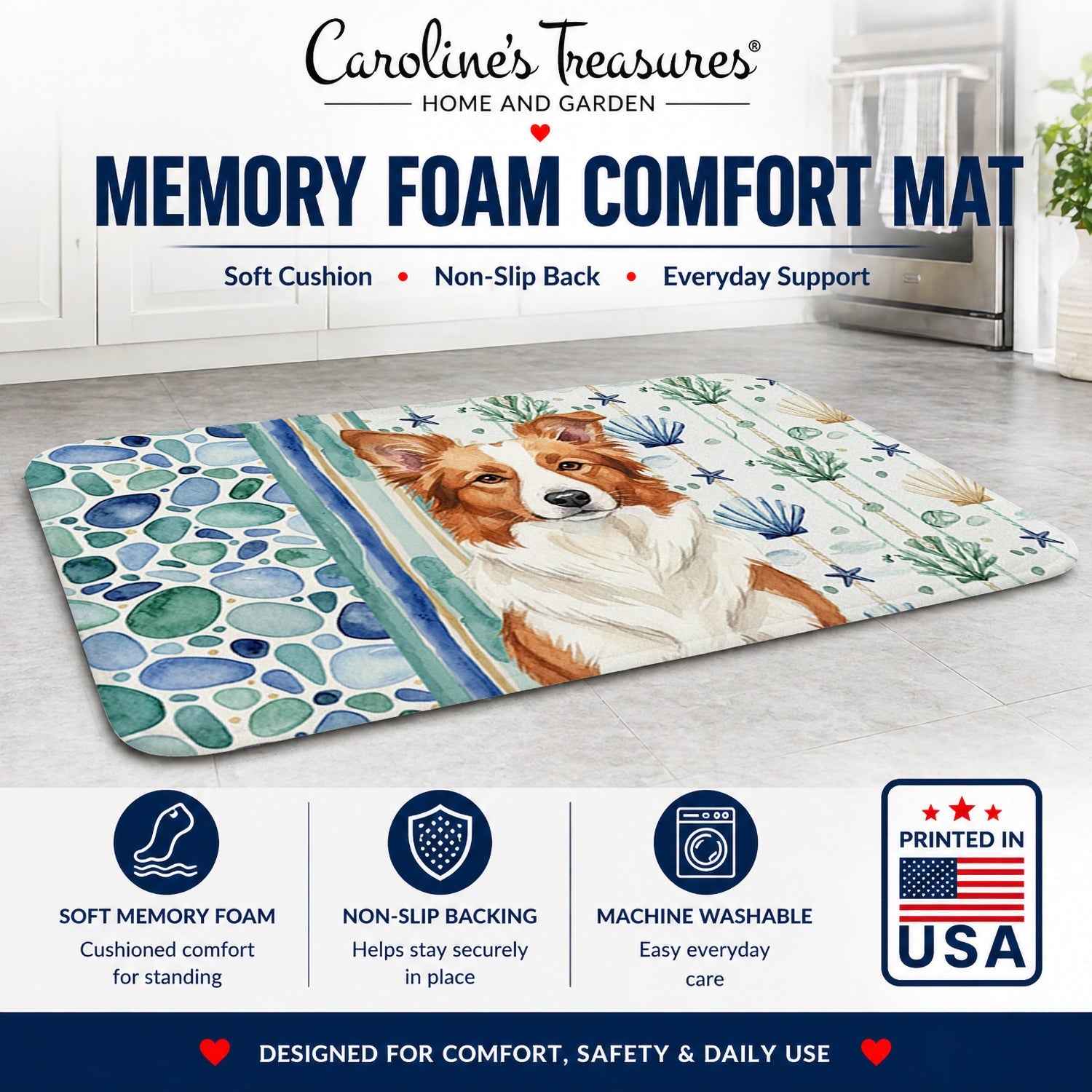 Red and White Border Collie Coastal Sea Glass Memory Foam Kitchen Mat Machine Washable Anti-Fatigue Cushion Comfort Bath or Kitchen Rug