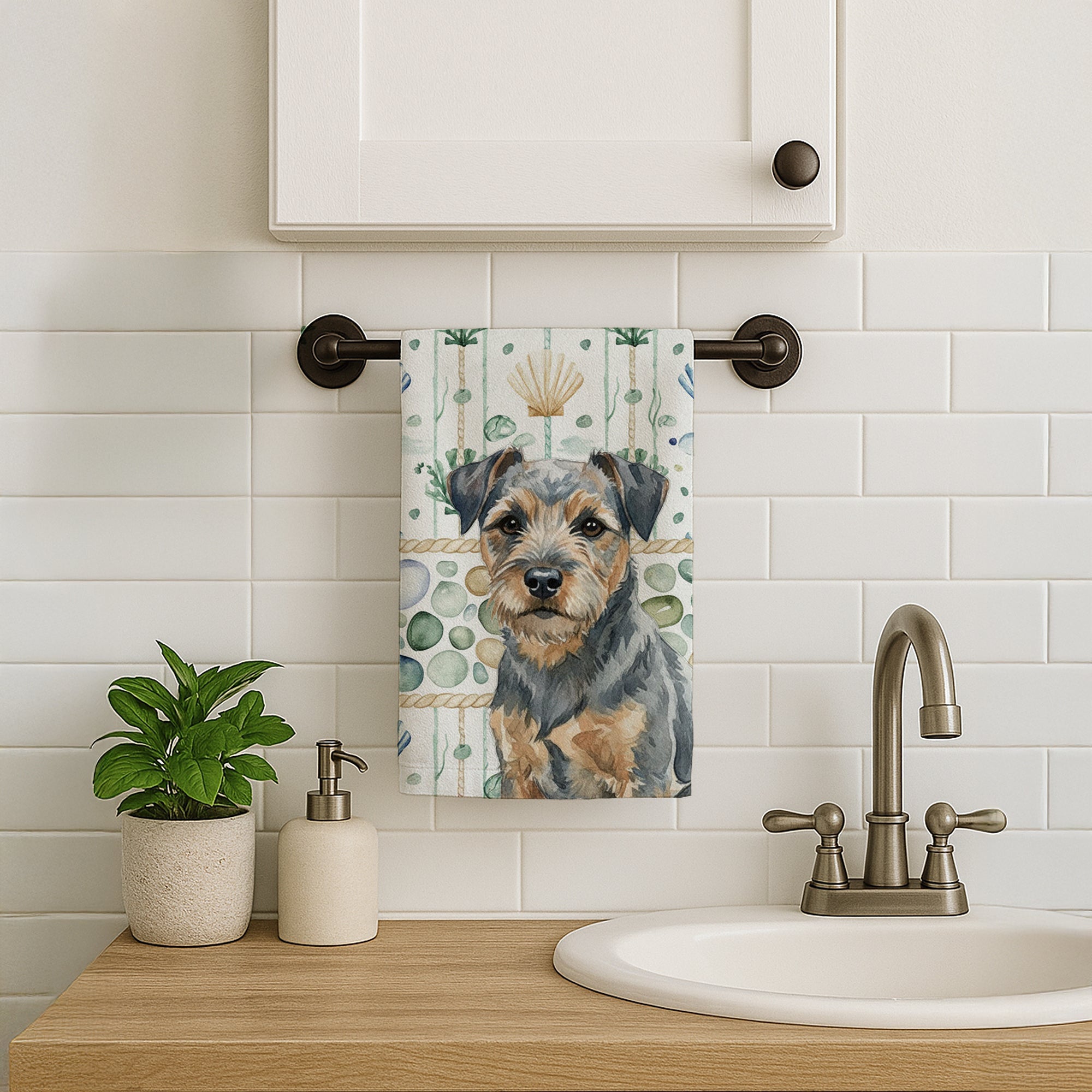 Blue and Tan Border Terrier Coastal Sea Glass Kitchen Towel Velour Plush Front and Cotton Loop Back Machine Washable