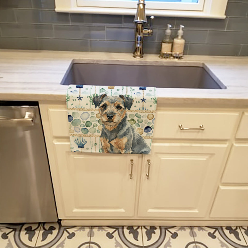 Blue and Tan Border Terrier Coastal Sea Glass Kitchen Towel Velour Plush Front and Cotton Loop Back Machine Washable