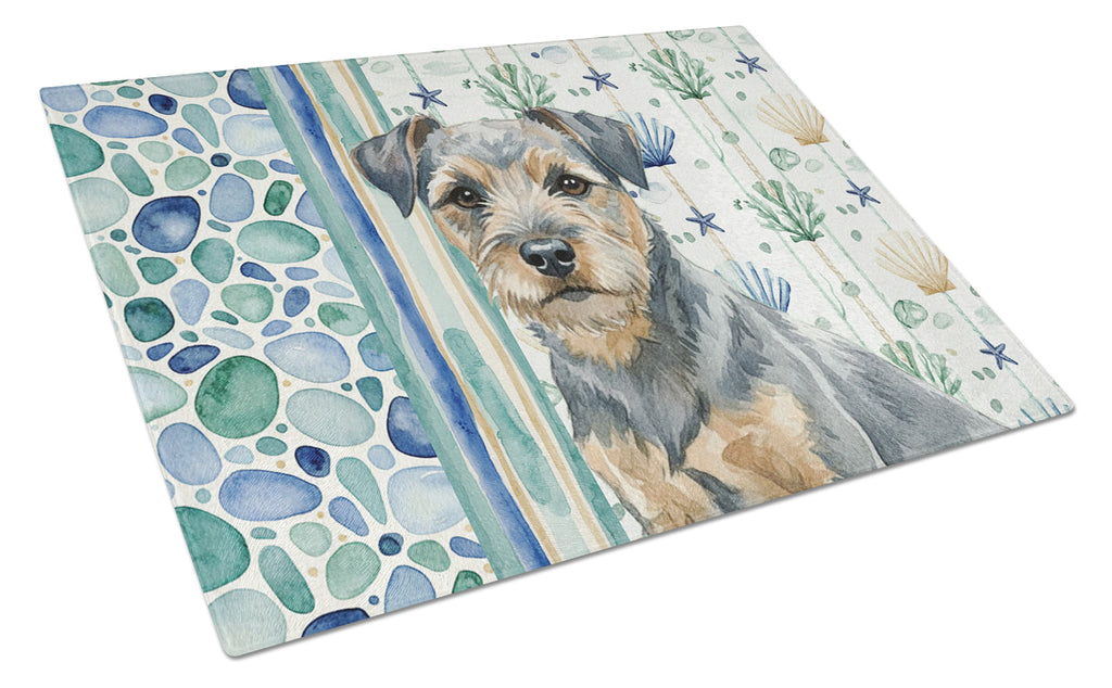 Blue and Tan Border Terrier Coastal Sea Glass Cutting Board Tempered Glass Kitchen Cutting Surface, Heat Resistant Chopping, Non-Slip Feet, Food Prep & Serving