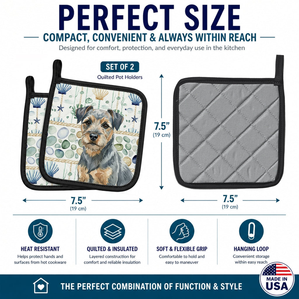 Blue and Tan Border Terrier Coastal Sea Glass Pot Holder Set of 2 Heat Resistant Quilted Hot Pads 7.5 x 7.5 Inch, Insulated Kitchen Trivets for Cooking & Baking