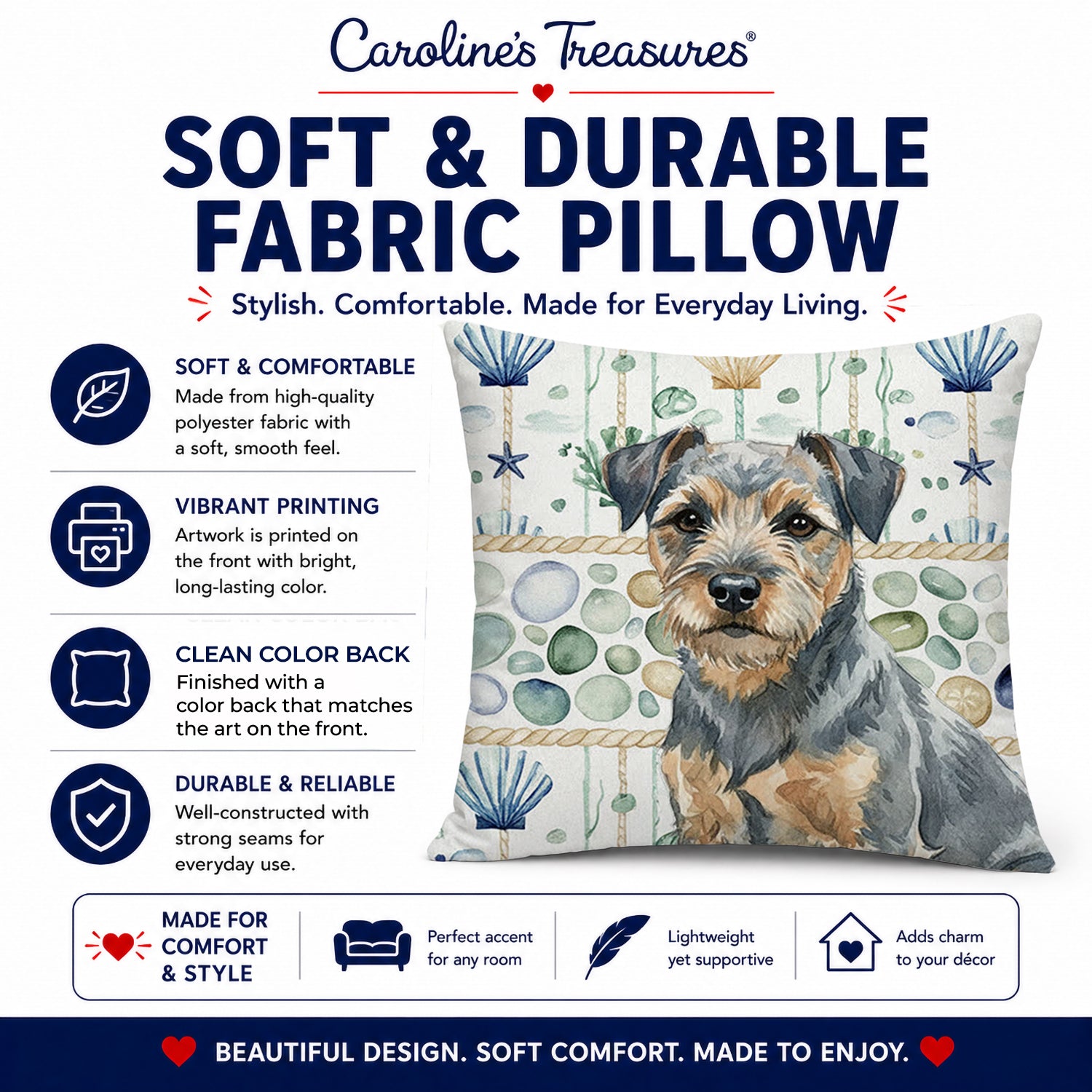 Blue and Tan Border Terrier Coastal Sea Glass Decorative Throw Pillow 14x14 Indoor Outdoor Accent Cushion, Fabric Cover with Insert for Sofa, Bed, Porch & Living Room