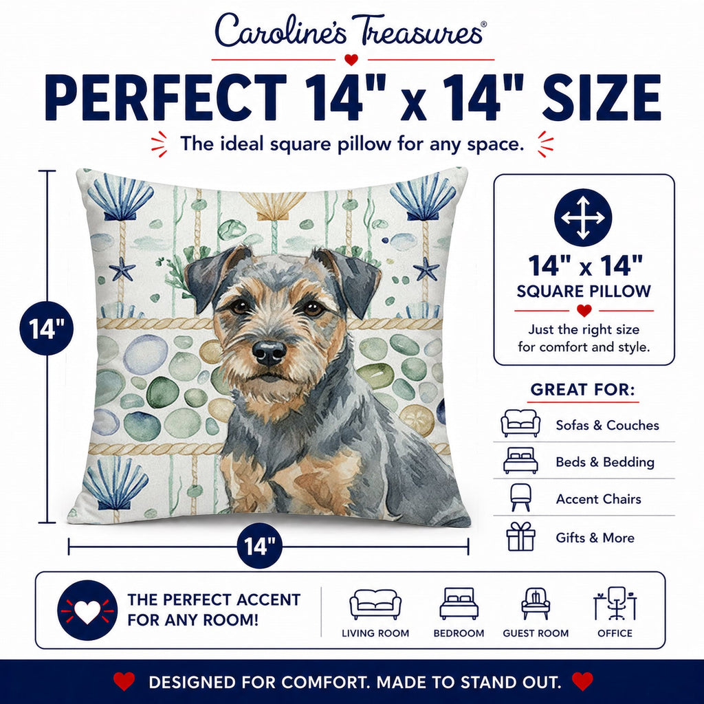 Blue and Tan Border Terrier Coastal Sea Glass Decorative Throw Pillow 14x14 Indoor Outdoor Accent Cushion, Fabric Cover with Insert for Sofa, Bed, Porch & Living Room