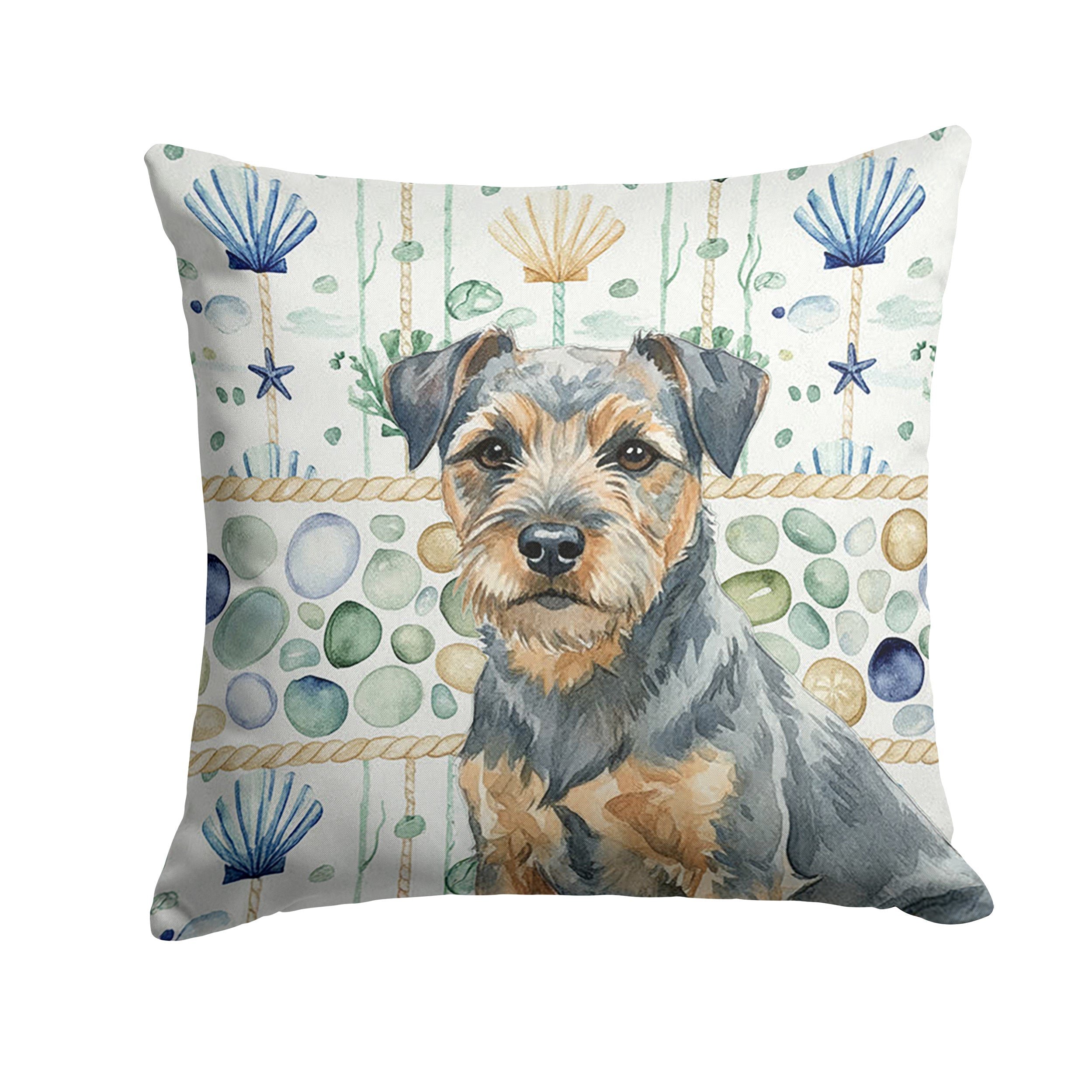 Blue and Tan Border Terrier Coastal Sea Glass Decorative Throw Pillow 14x14 Indoor Outdoor Accent Cushion, Fabric Cover with Insert for Sofa, Bed, Porch & Living Room