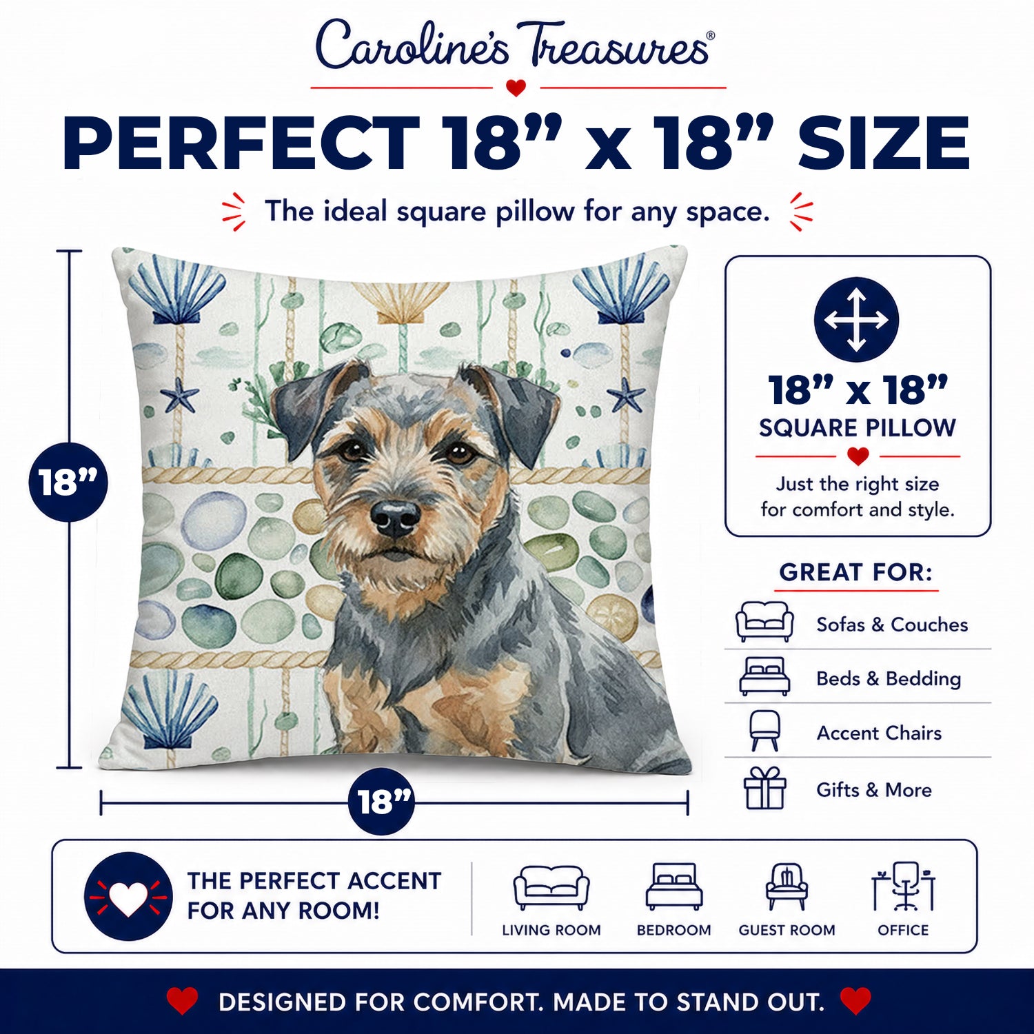 Blue and Tan Border Terrier Coastal Sea Glass Decorative Throw Pillow 18x18 Indoor Outdoor Accent Cushion, Fabric Cover with Insert for Sofa, Bed, Porch & Living Room