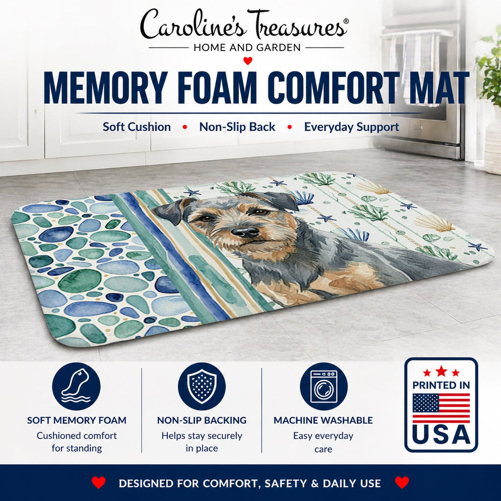 Blue and Tan Border Terrier Coastal Sea Glass Memory Foam Kitchen Mat Machine Washable Anti-Fatigue Cushion Comfort Bath or Kitchen Rug